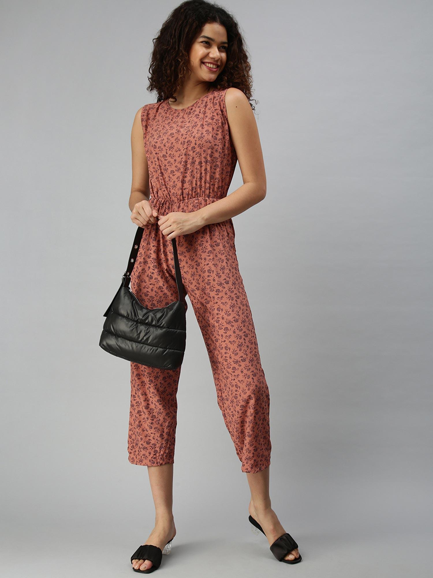 women brown floral round neck sleeveless jumpsuit