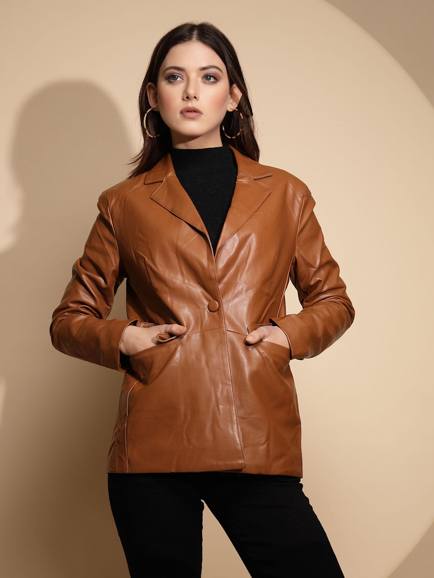 women brown full sleeve leather coat