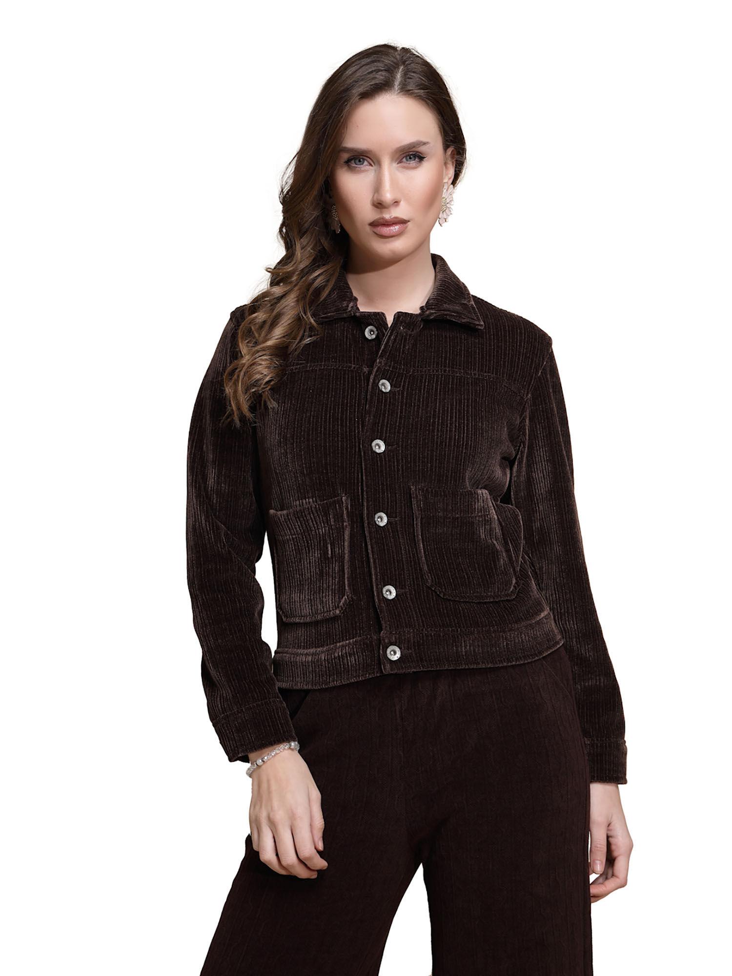 women brown full sleeves suede jacket