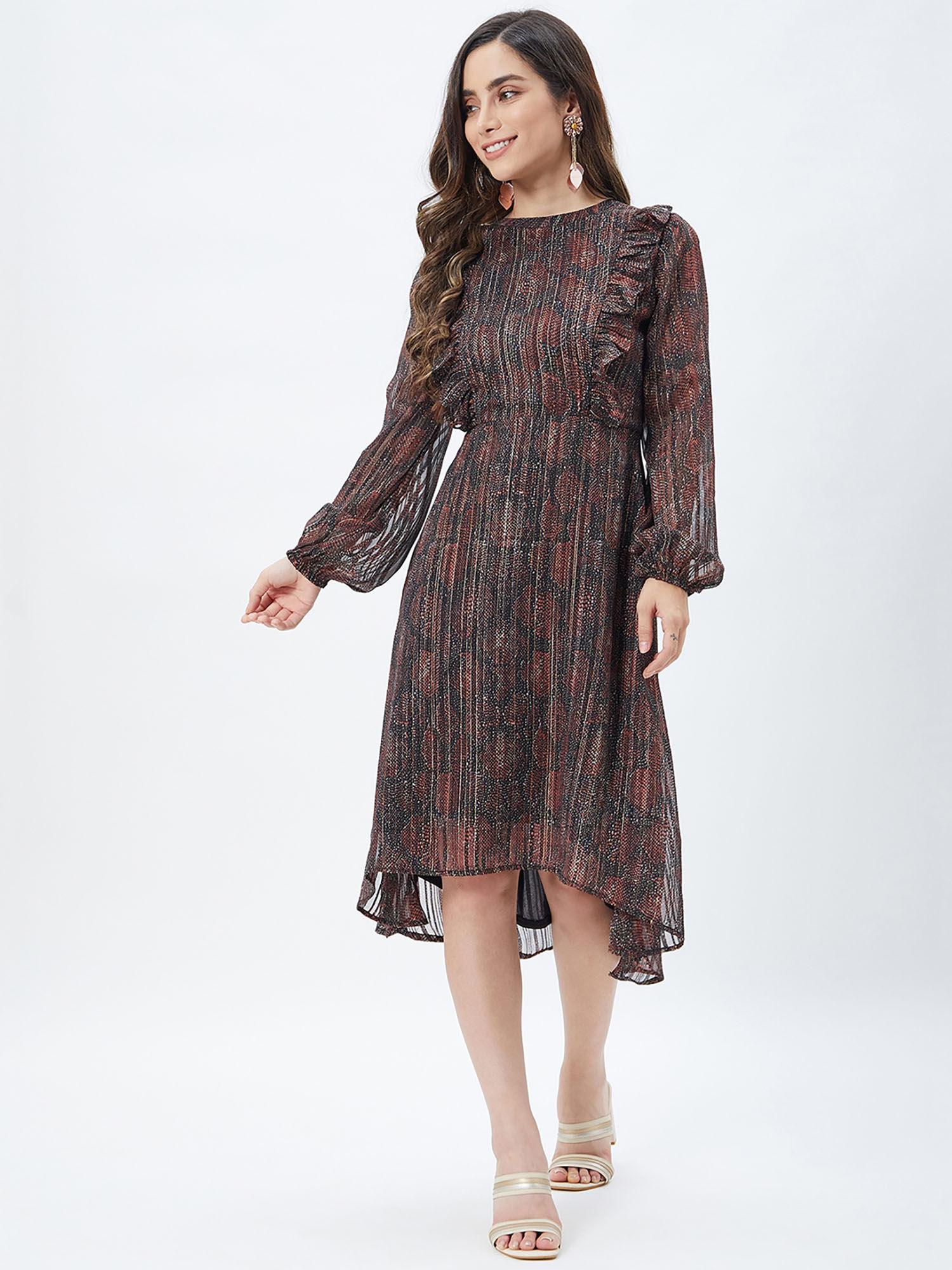 women brown geometric print high-low knee length dress