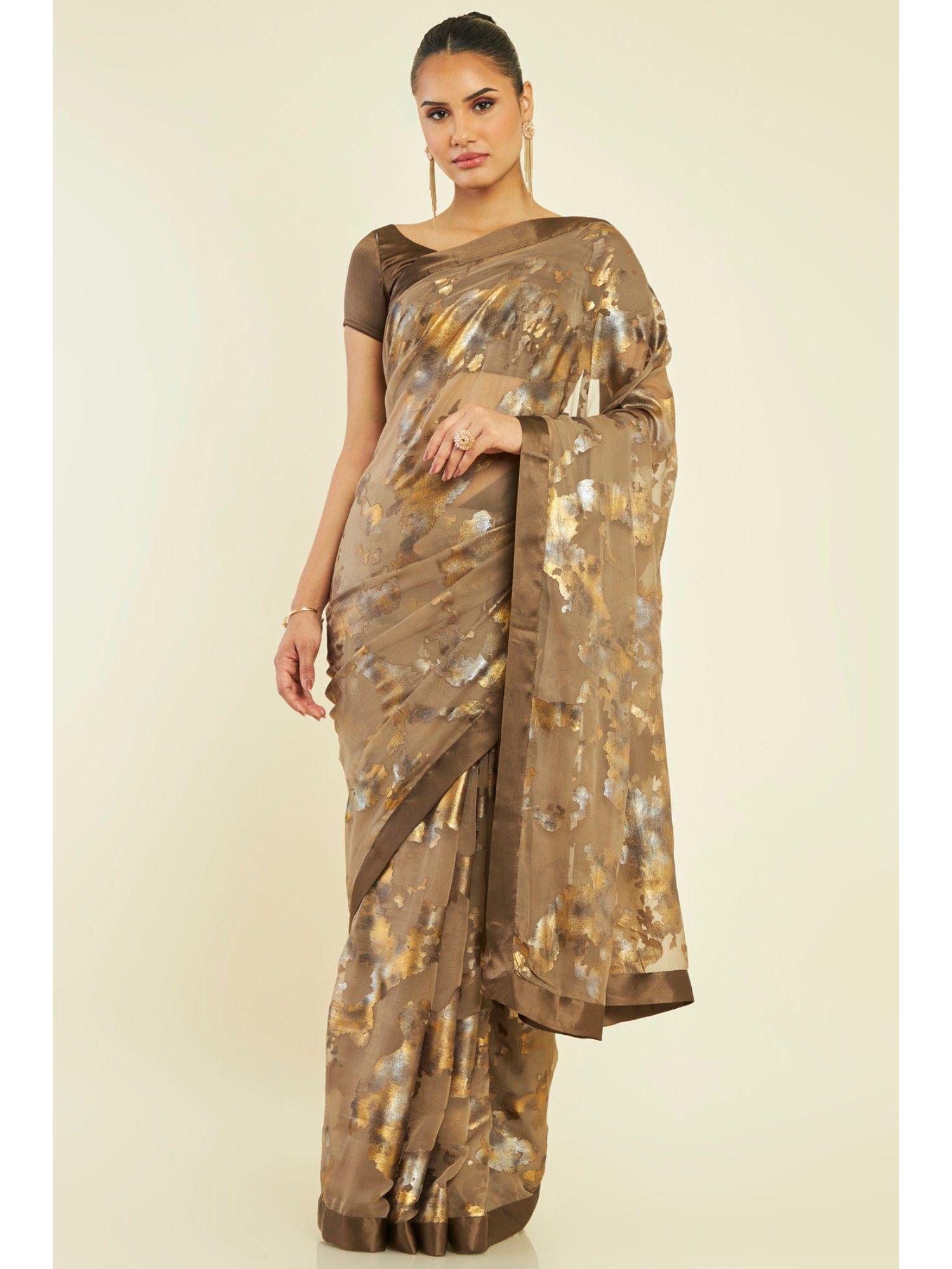 women brown georgette abstract saree with unstitched blouse