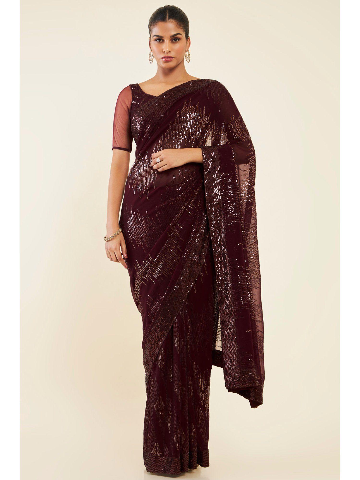 women brown georgette embellished saree with unstitched blouse