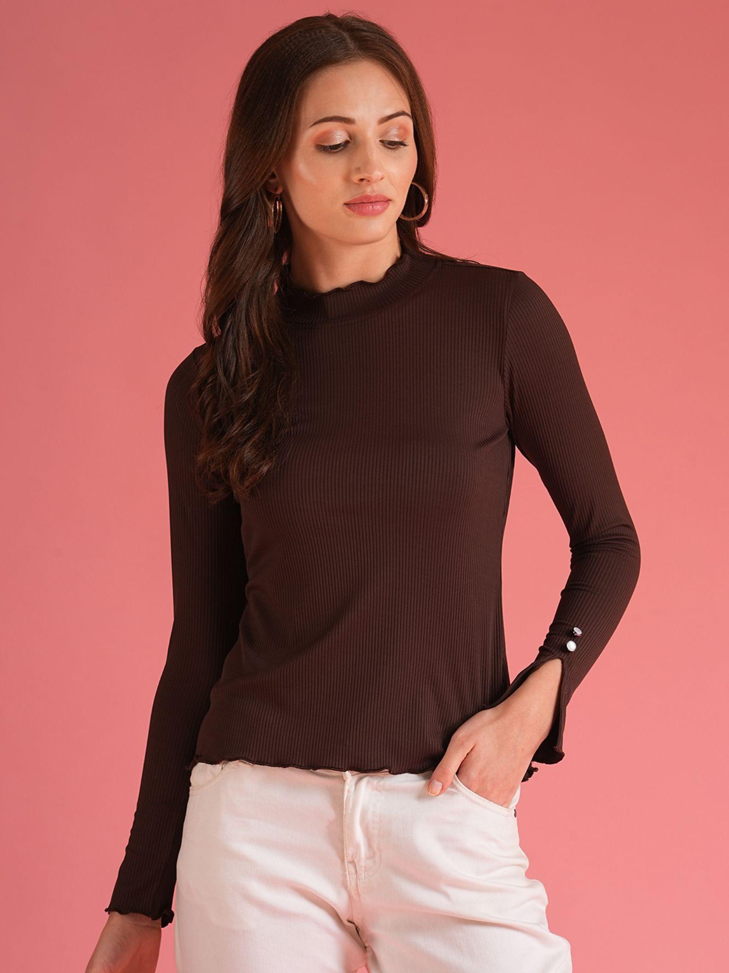 women brown high neck full sleeves workwear top