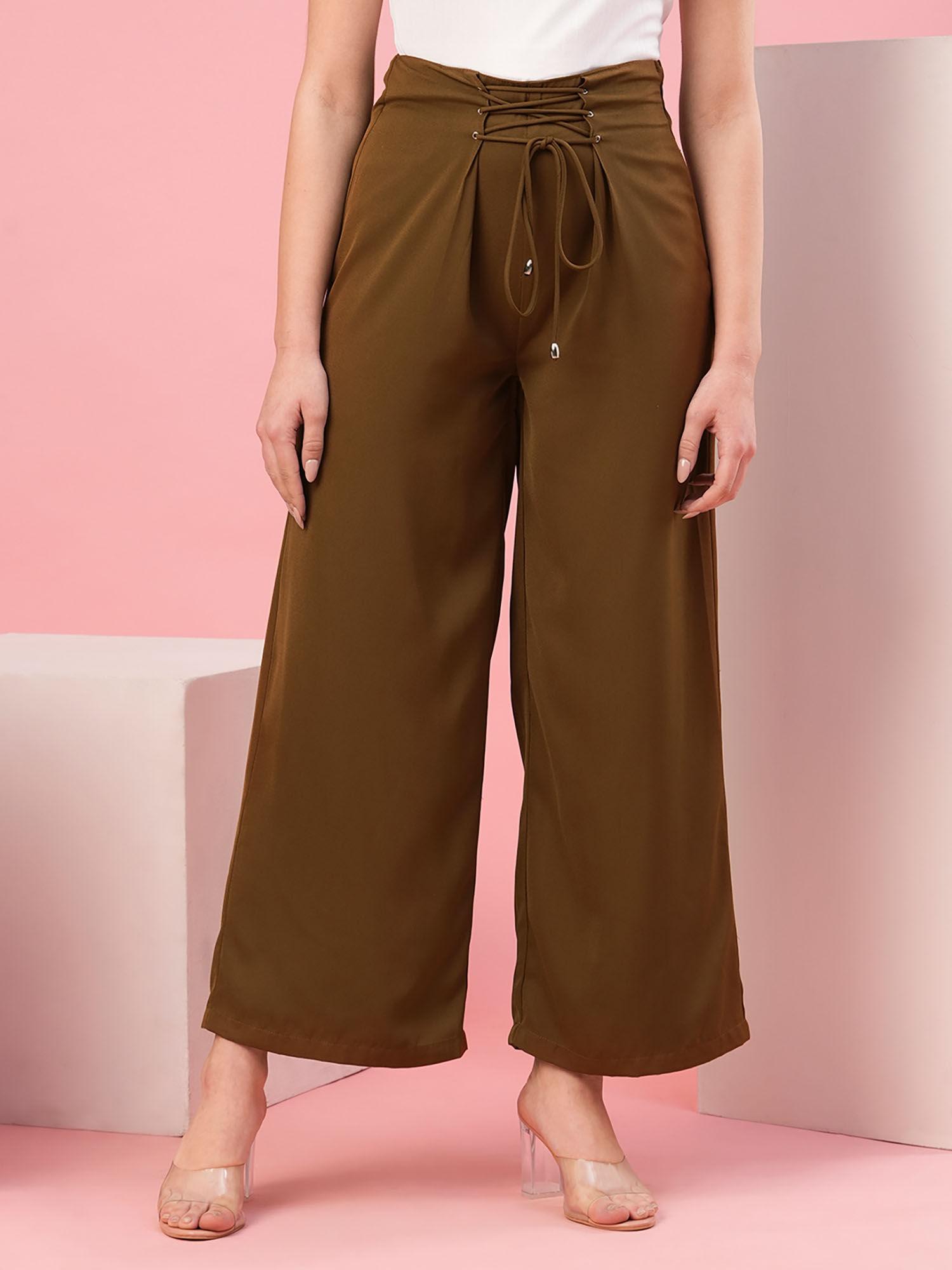 women brown high-rise loose fit parallel trousers