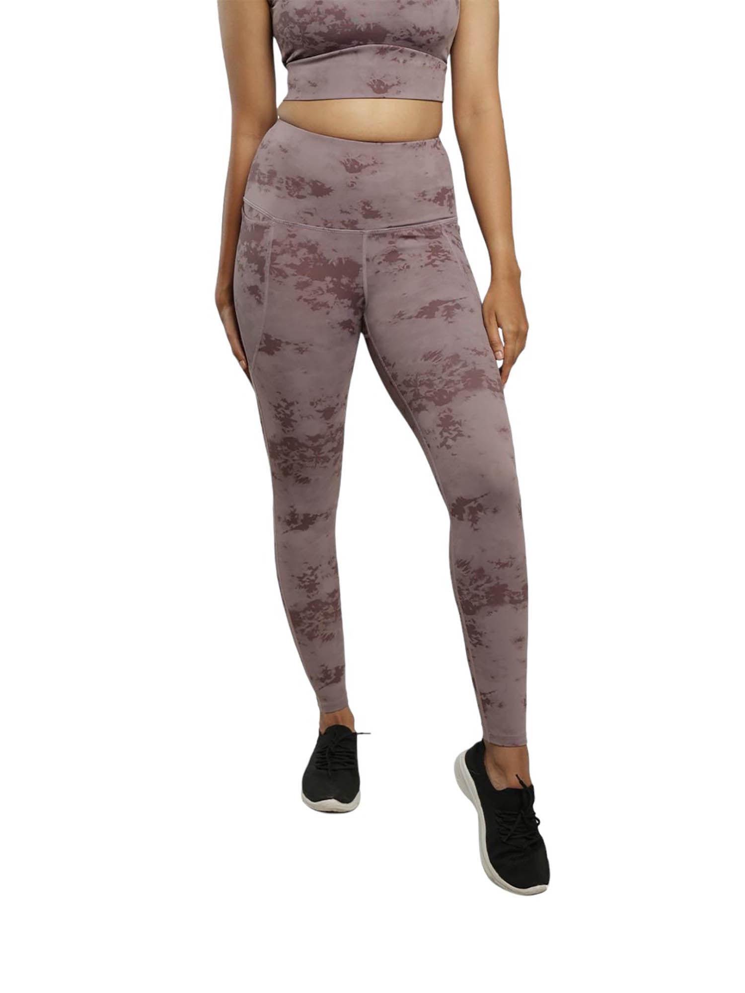 women brown high rise tie dye leggings with two side pockets