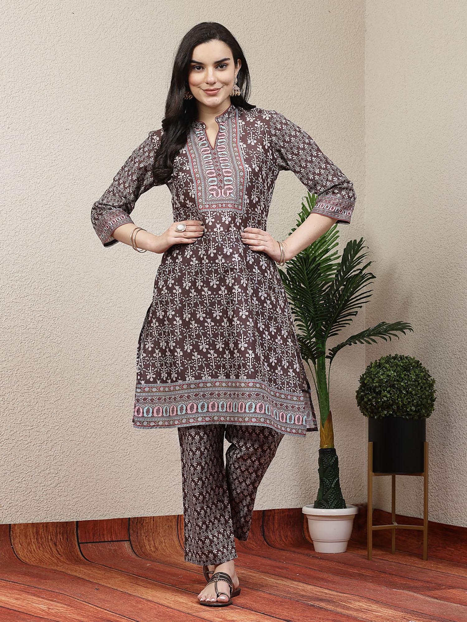 women brown kurta with pants (set of 2)