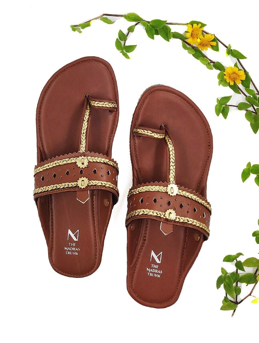 women brown leather braided open back one toe flats kolhapuris