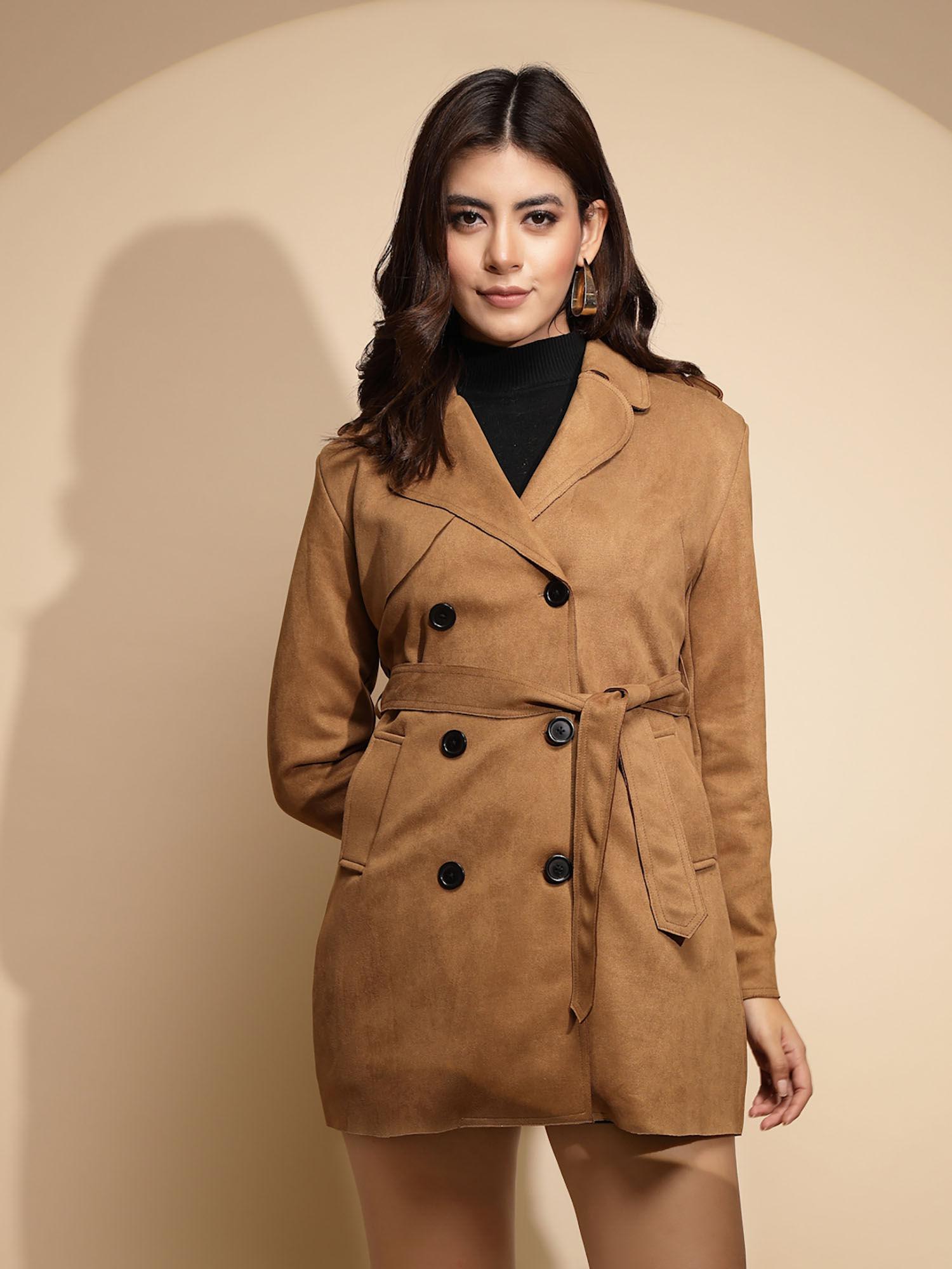 women brown long wrap wool blend coat (set of 2)