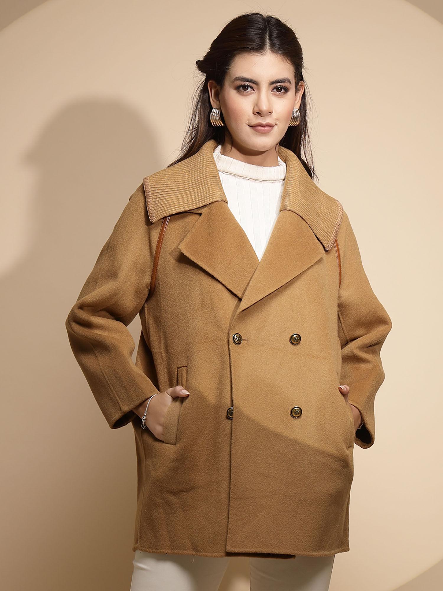 women brown loose fit wool coat