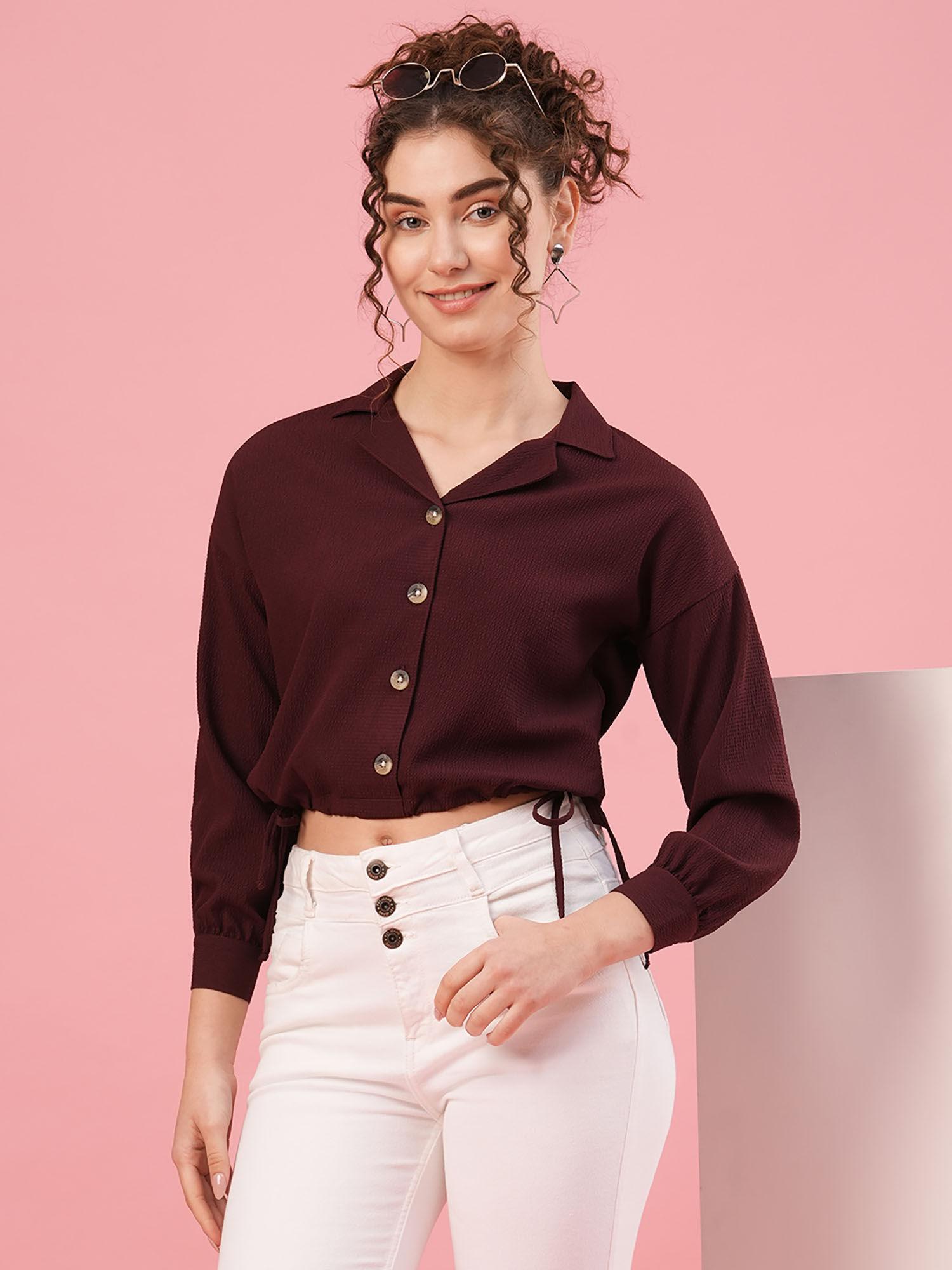 women brown notched lapel collar cuffed sleeves casual crop shirt