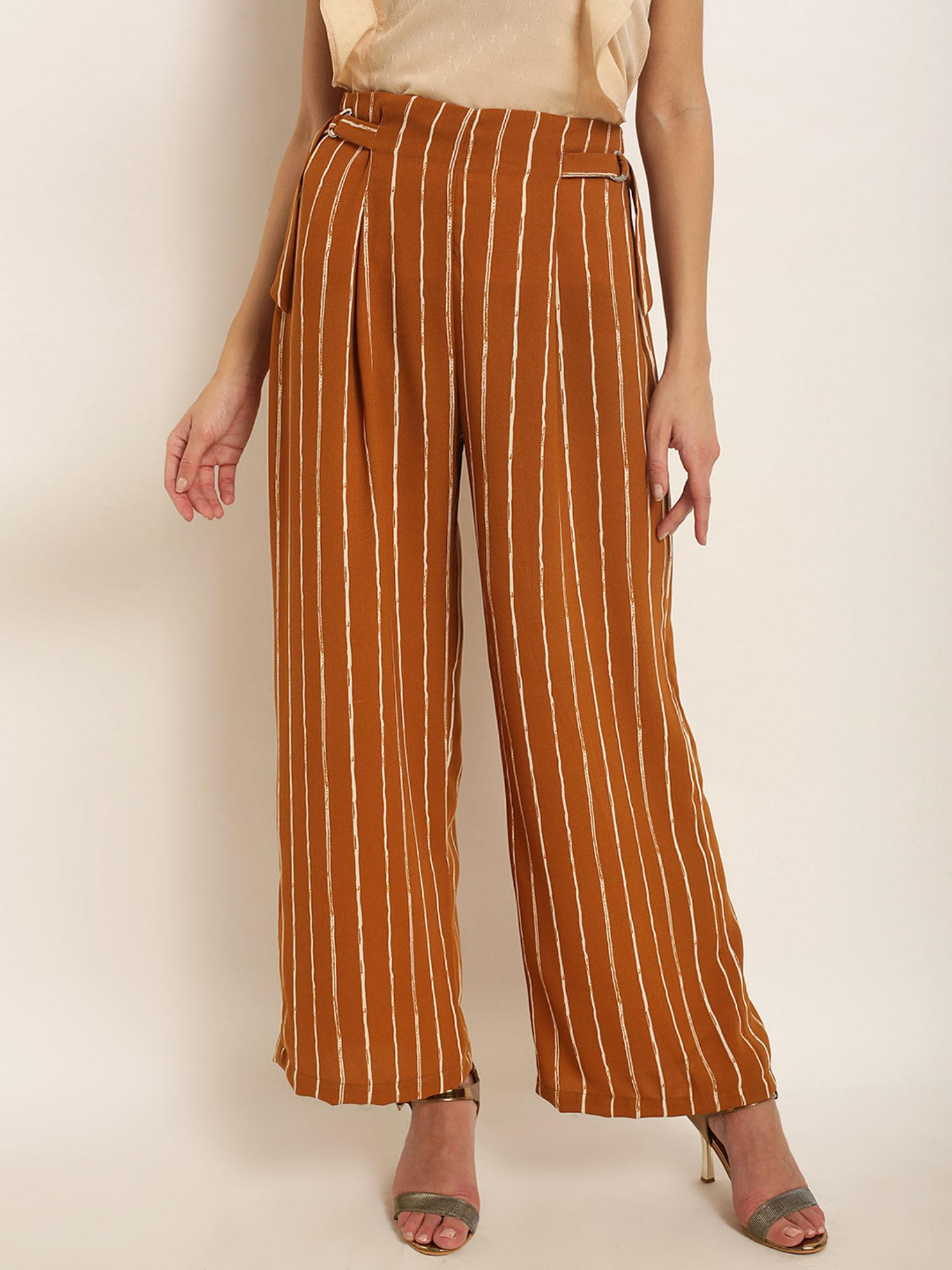 women brown original regular fit striped regular trousers