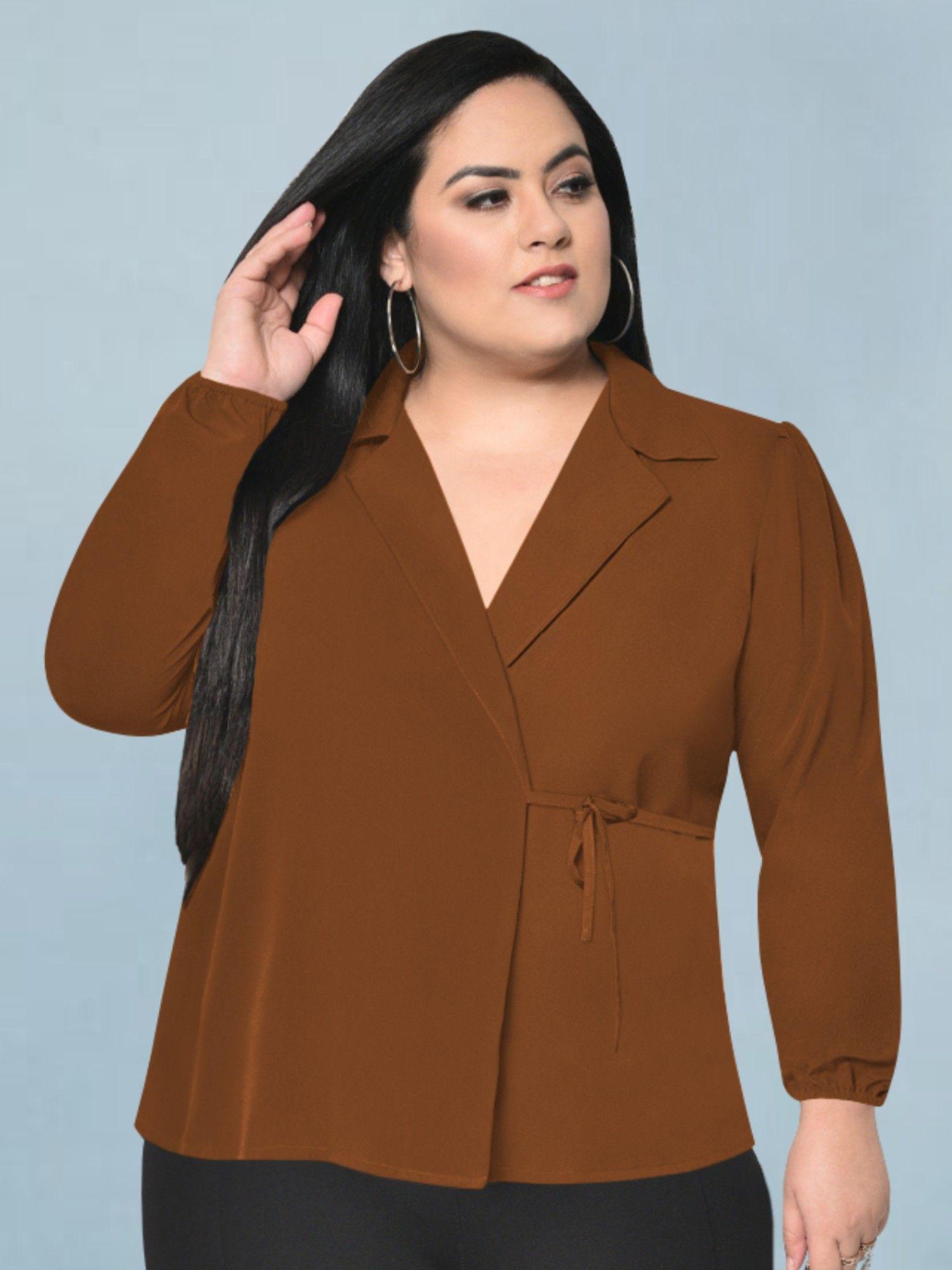 women brown plus size lapel tie up top