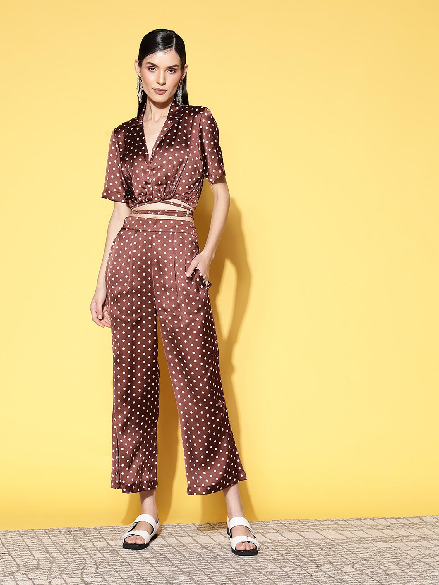 women brown polka print straight fit palazzo