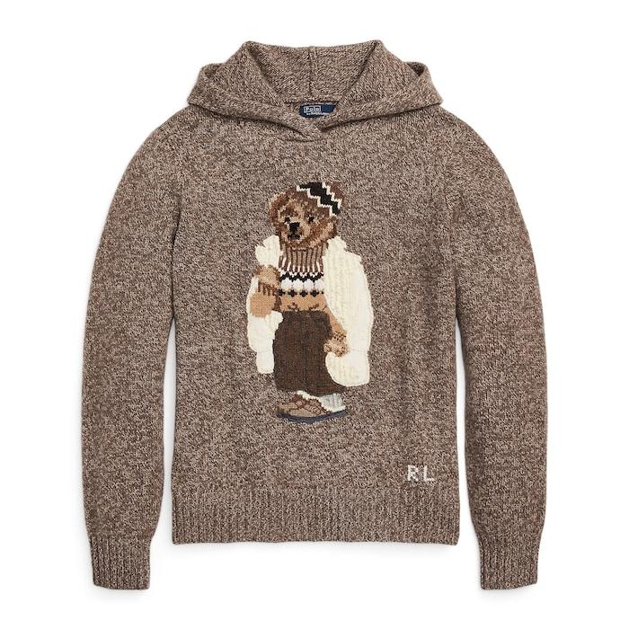 women brown polo bear wool-blend knit hoodie