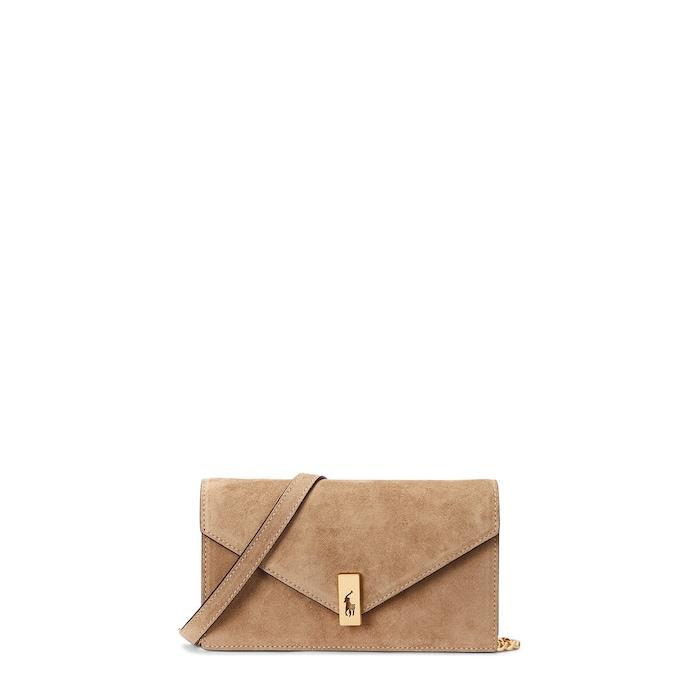women brown polo id suede chain wallet & bag