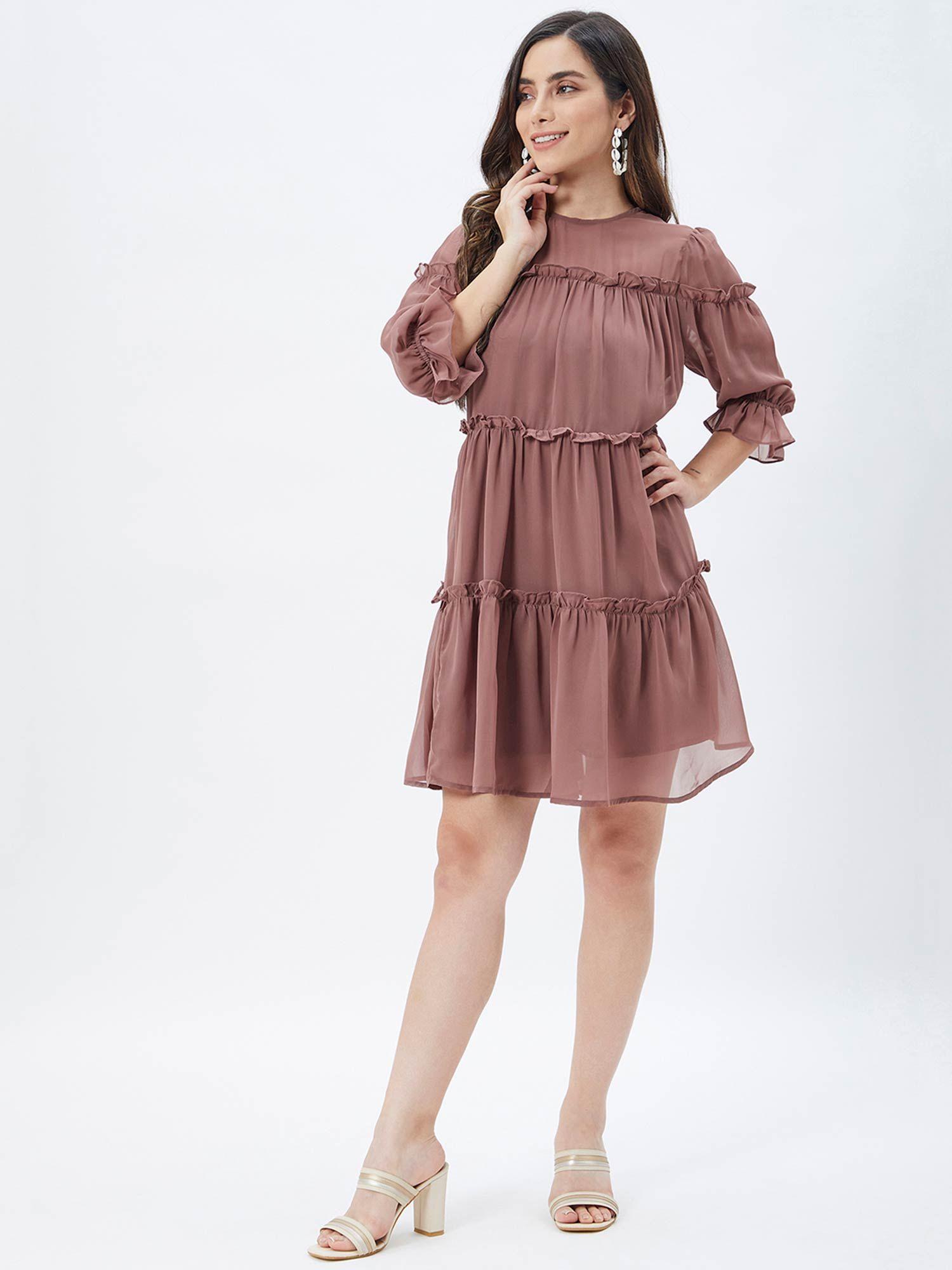 women brown polyester solid mini dress