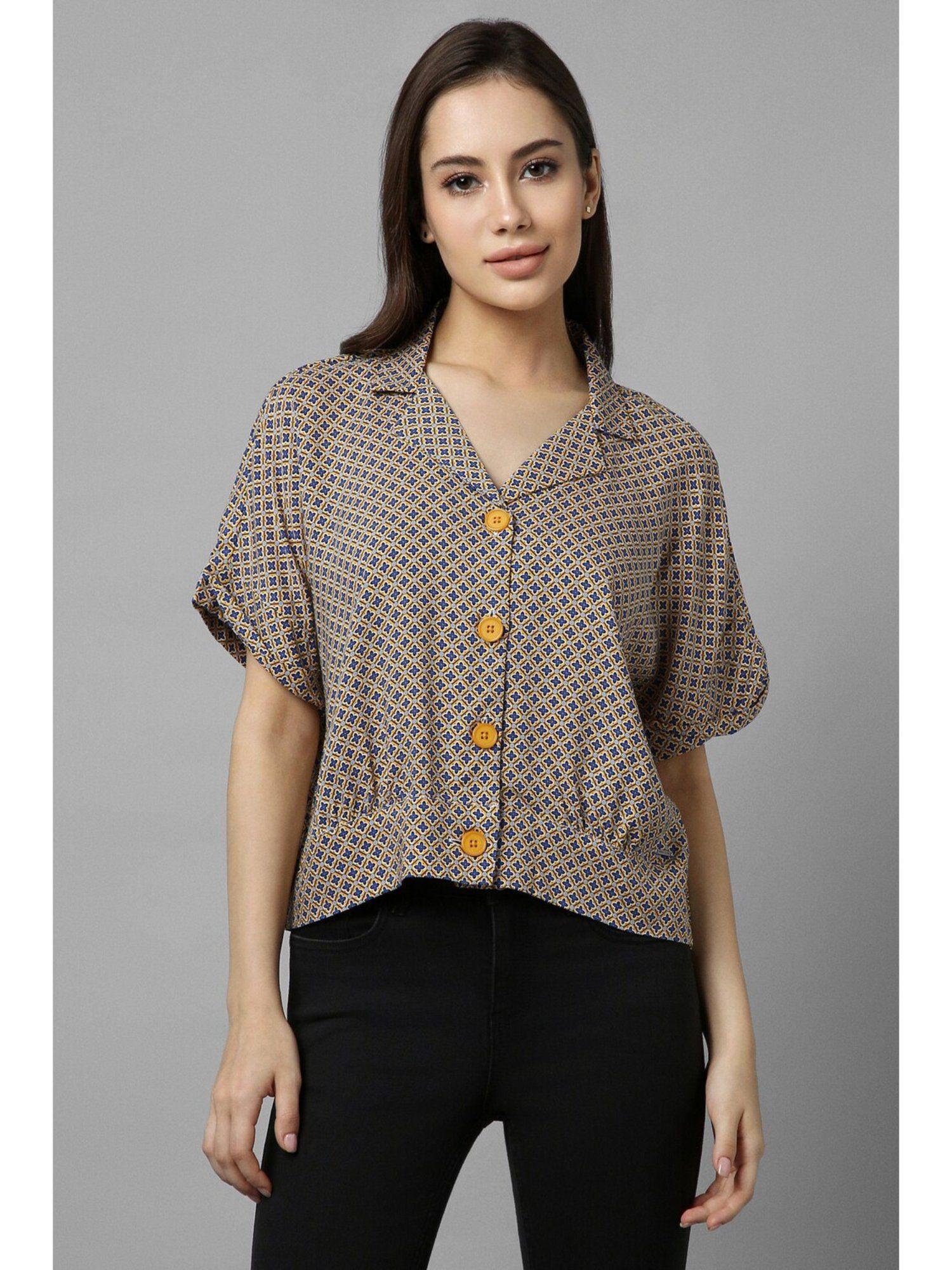 women brown print short sleeves shirt