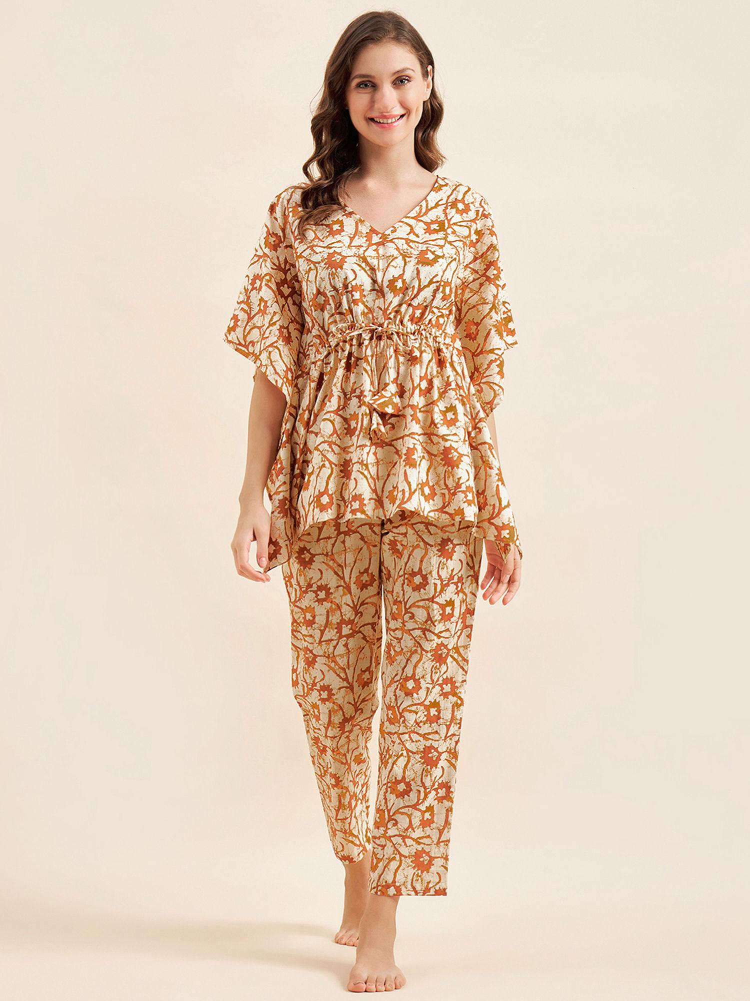 women brown printed kaftan and pajama (set of 2)