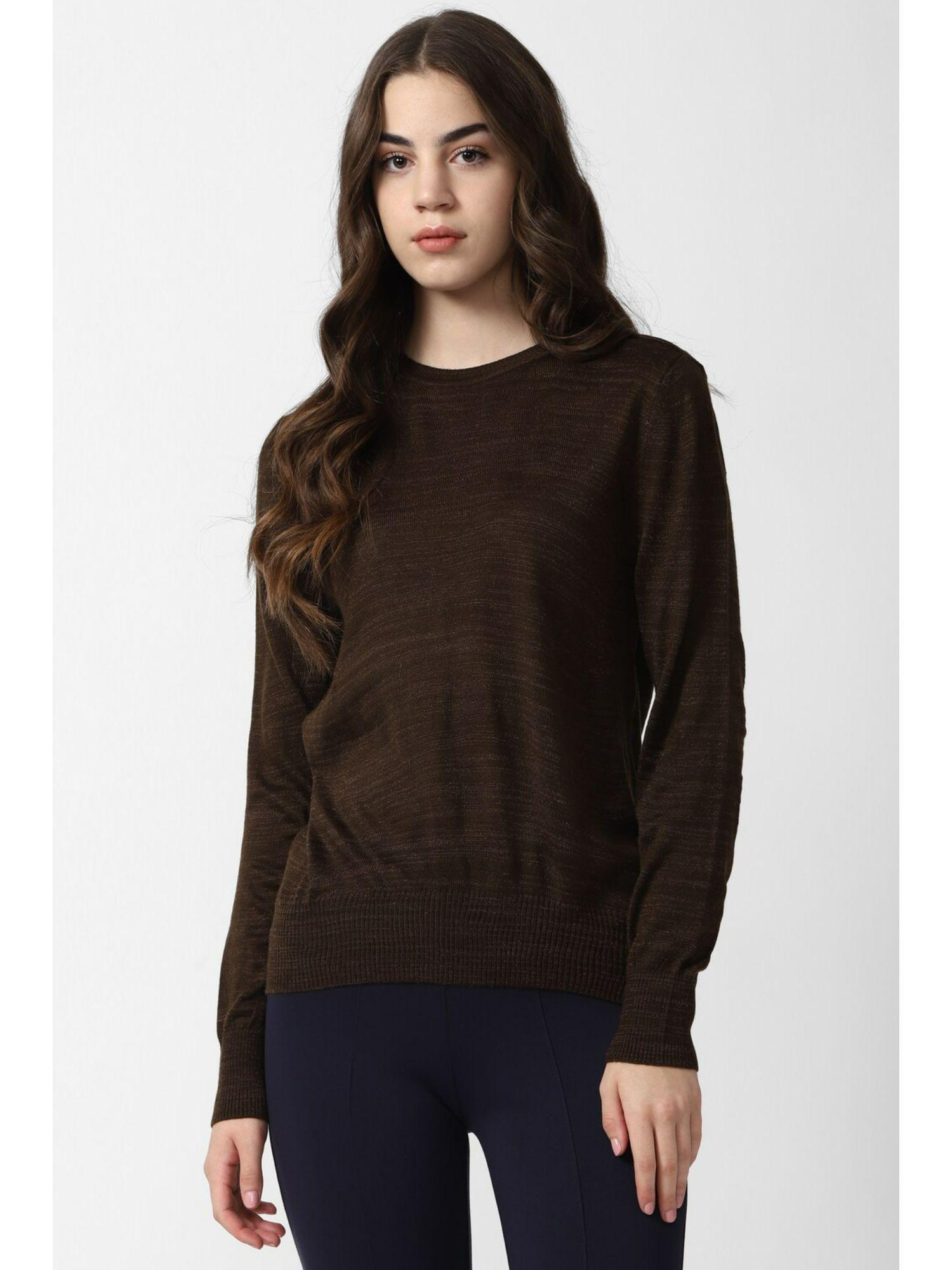 women brown printed round neck sweater