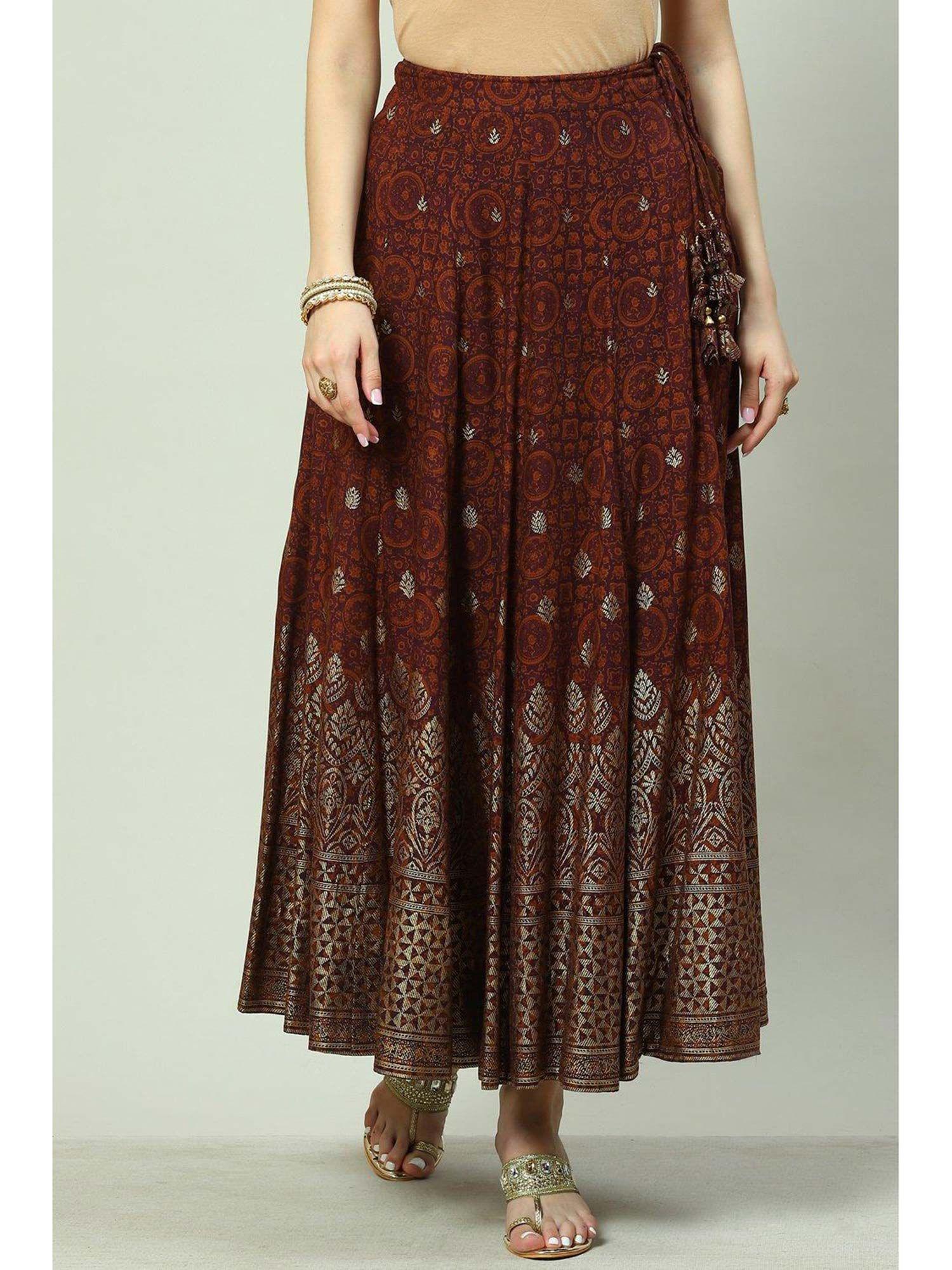 women brown printed skirt