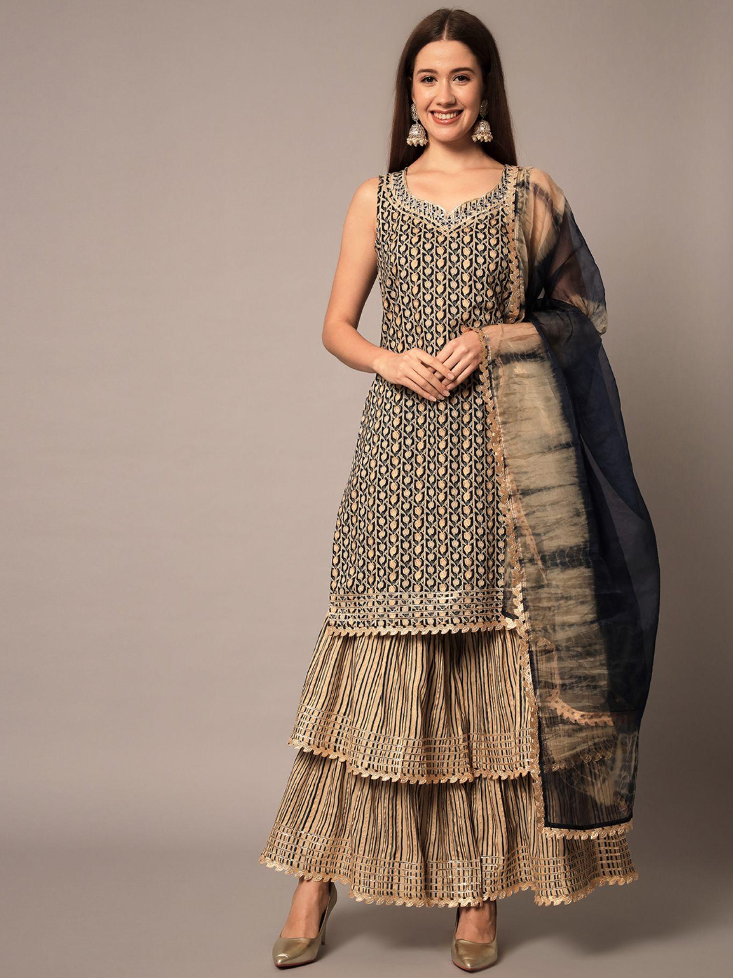 women brown printed sleeveless kurta sharara with dupatta (set of 3)