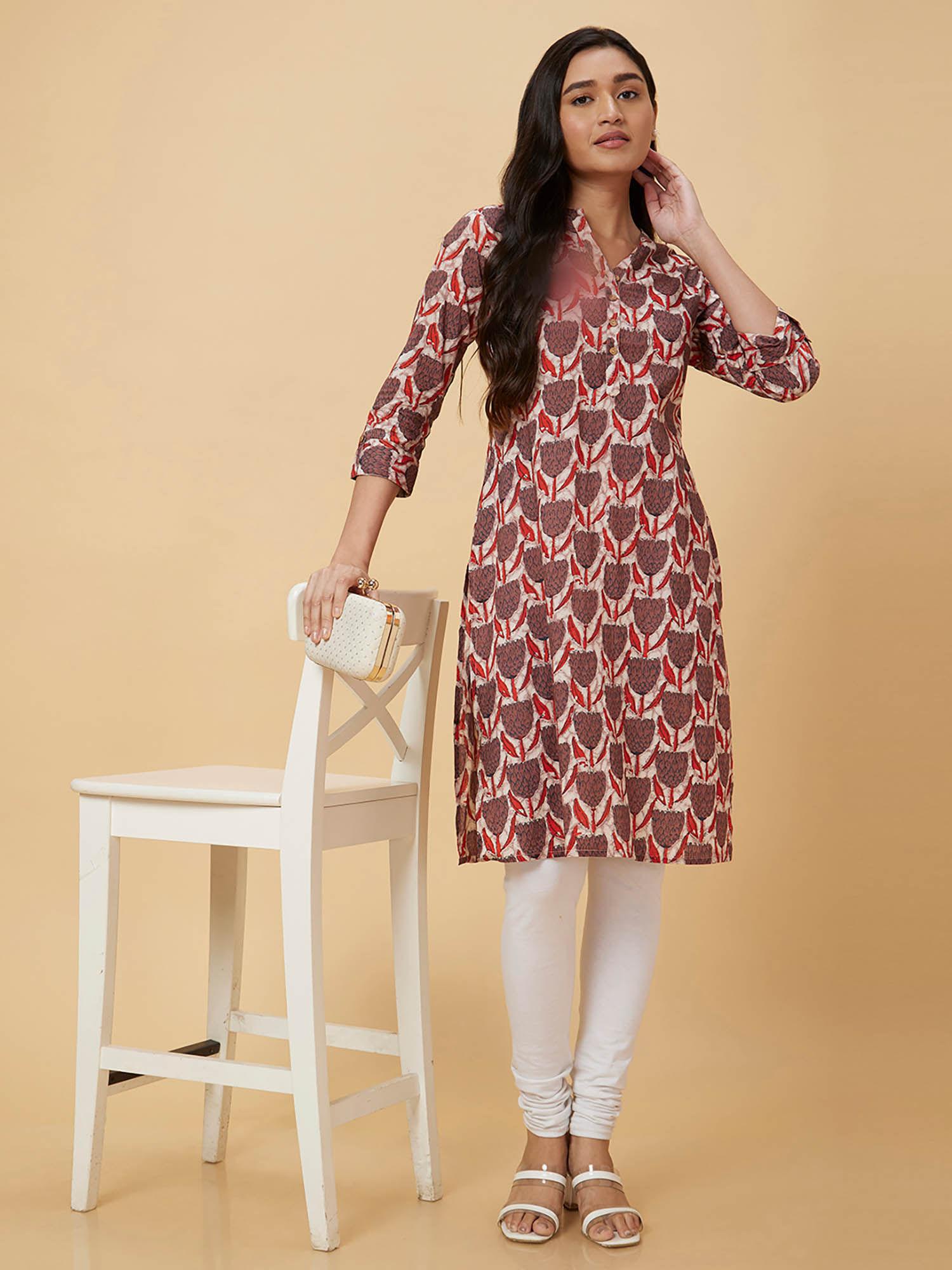 women brown printed straight kurta