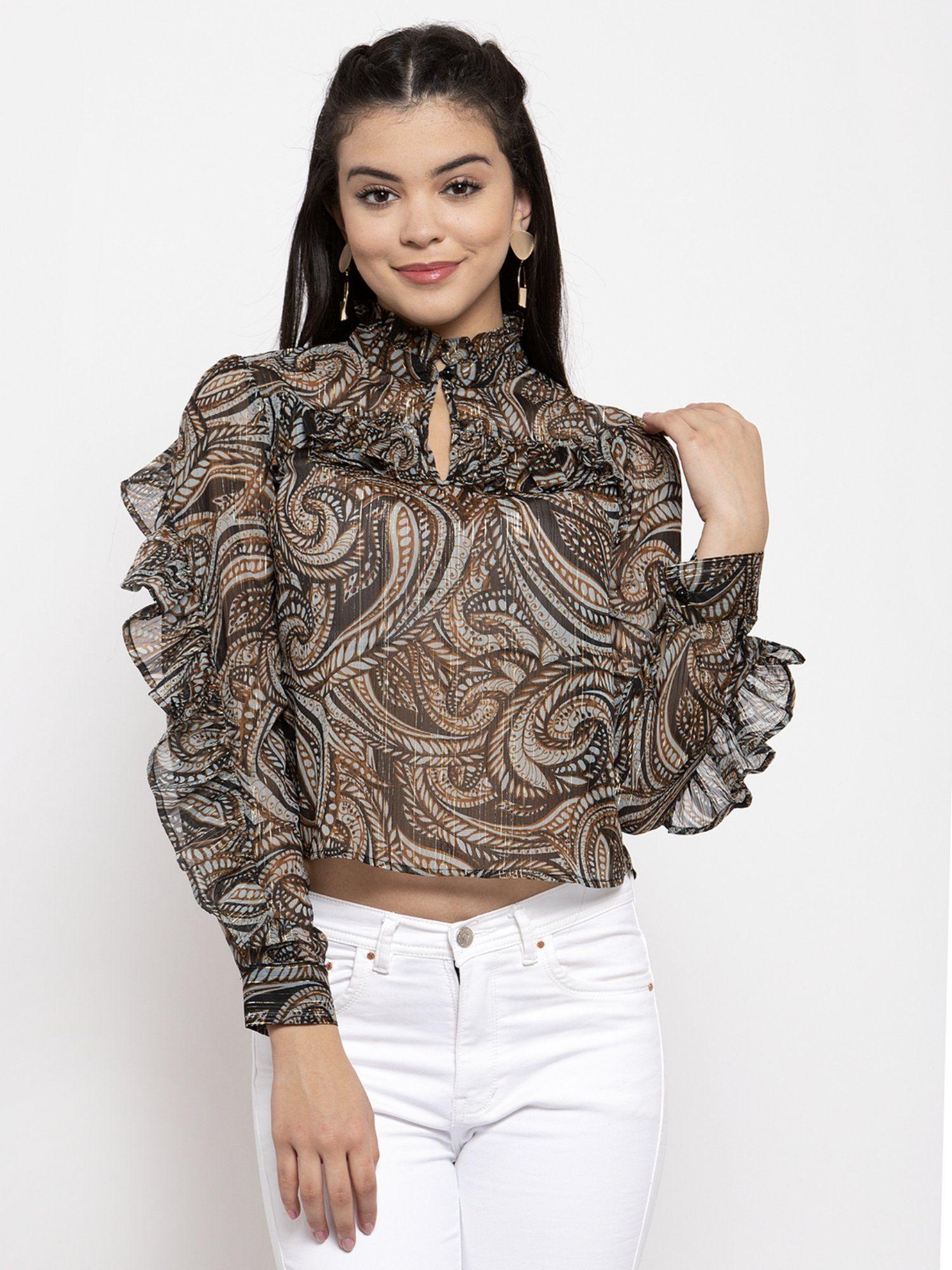 women brown printed tiered top