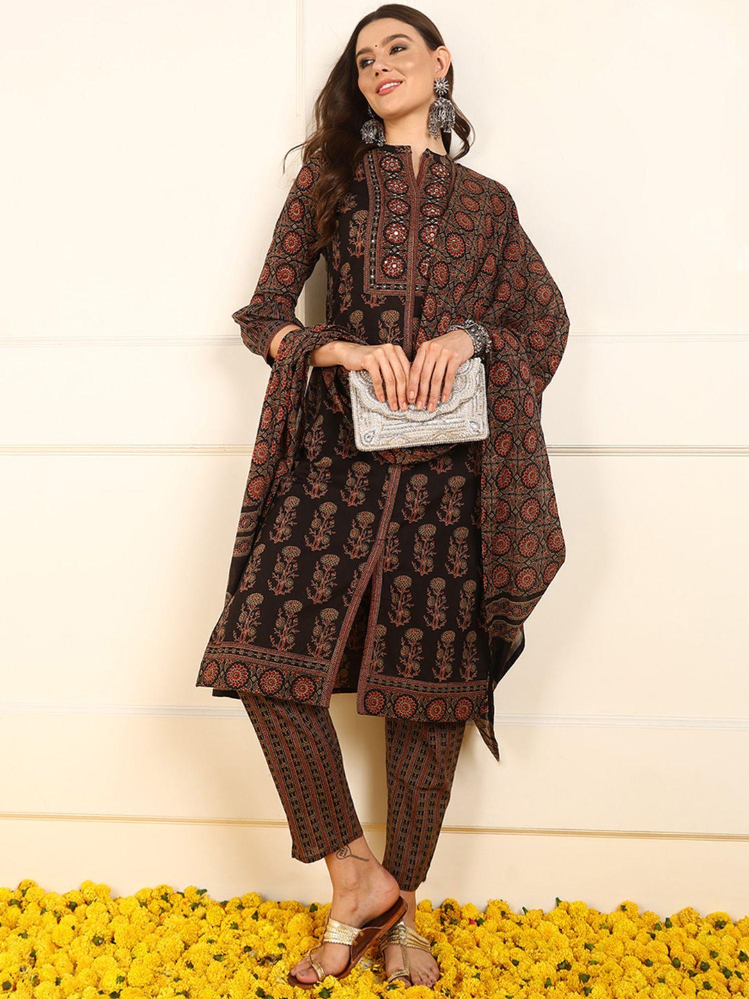 women brown pure cotton ethnic motifs straight kurta with pant and dupatta (set of 3)