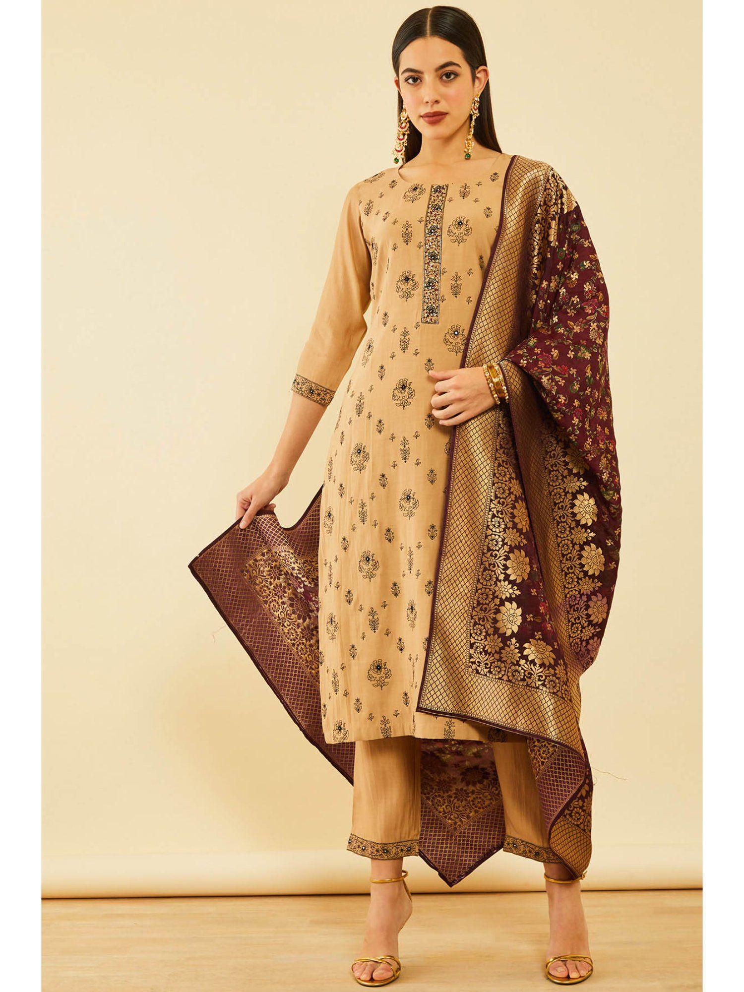 women brown rayon embroidered kurta with pant and dupatta (set of 3)