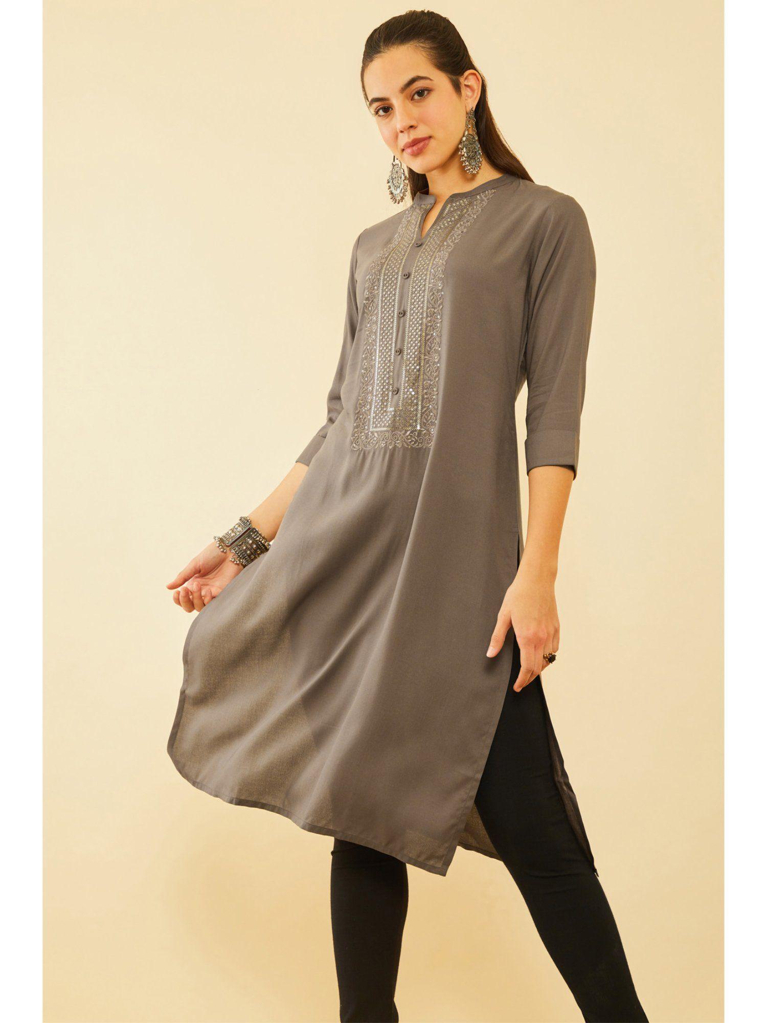 women brown rayon embroidered kurta