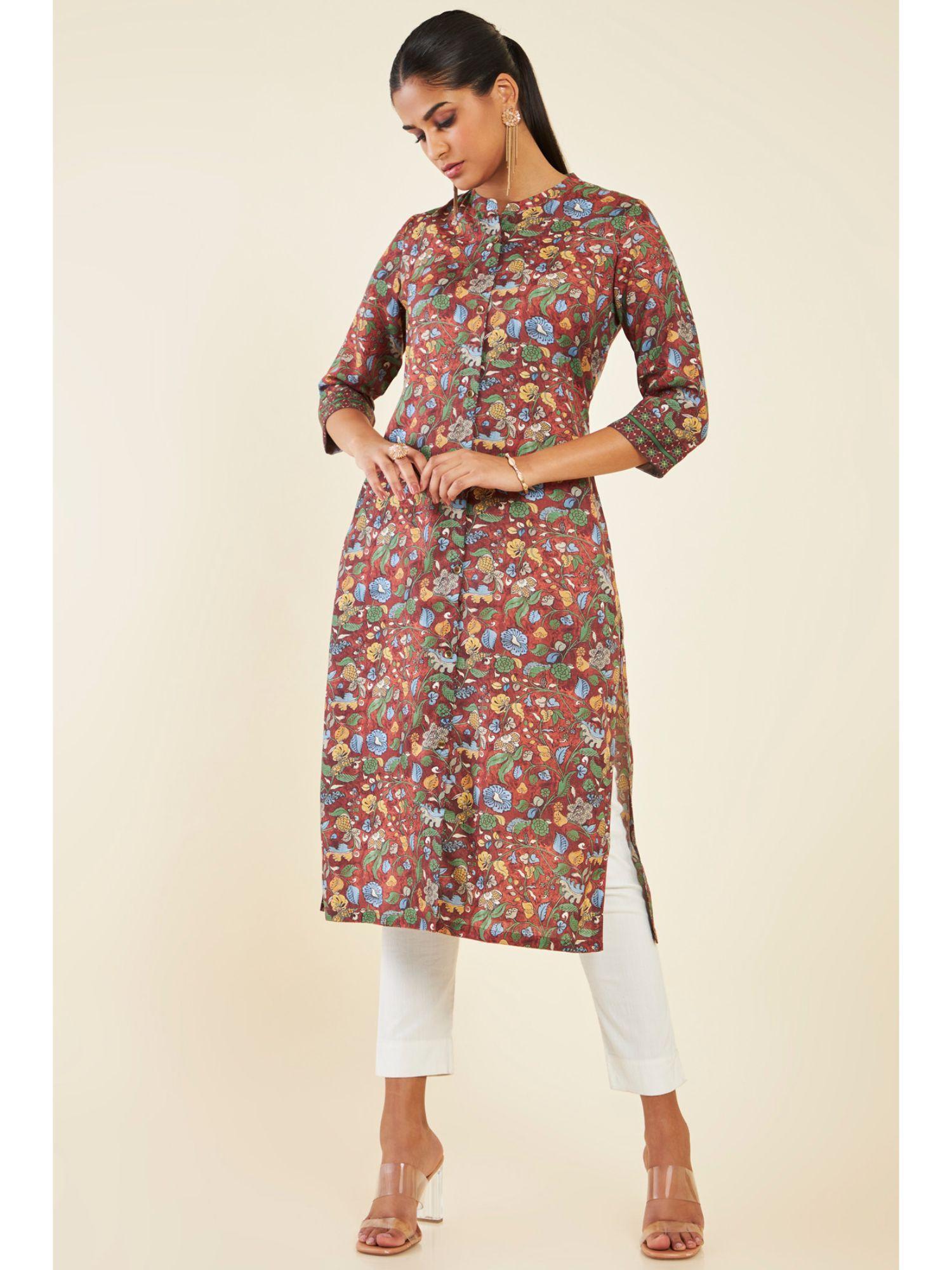 women brown rayon printed kurta