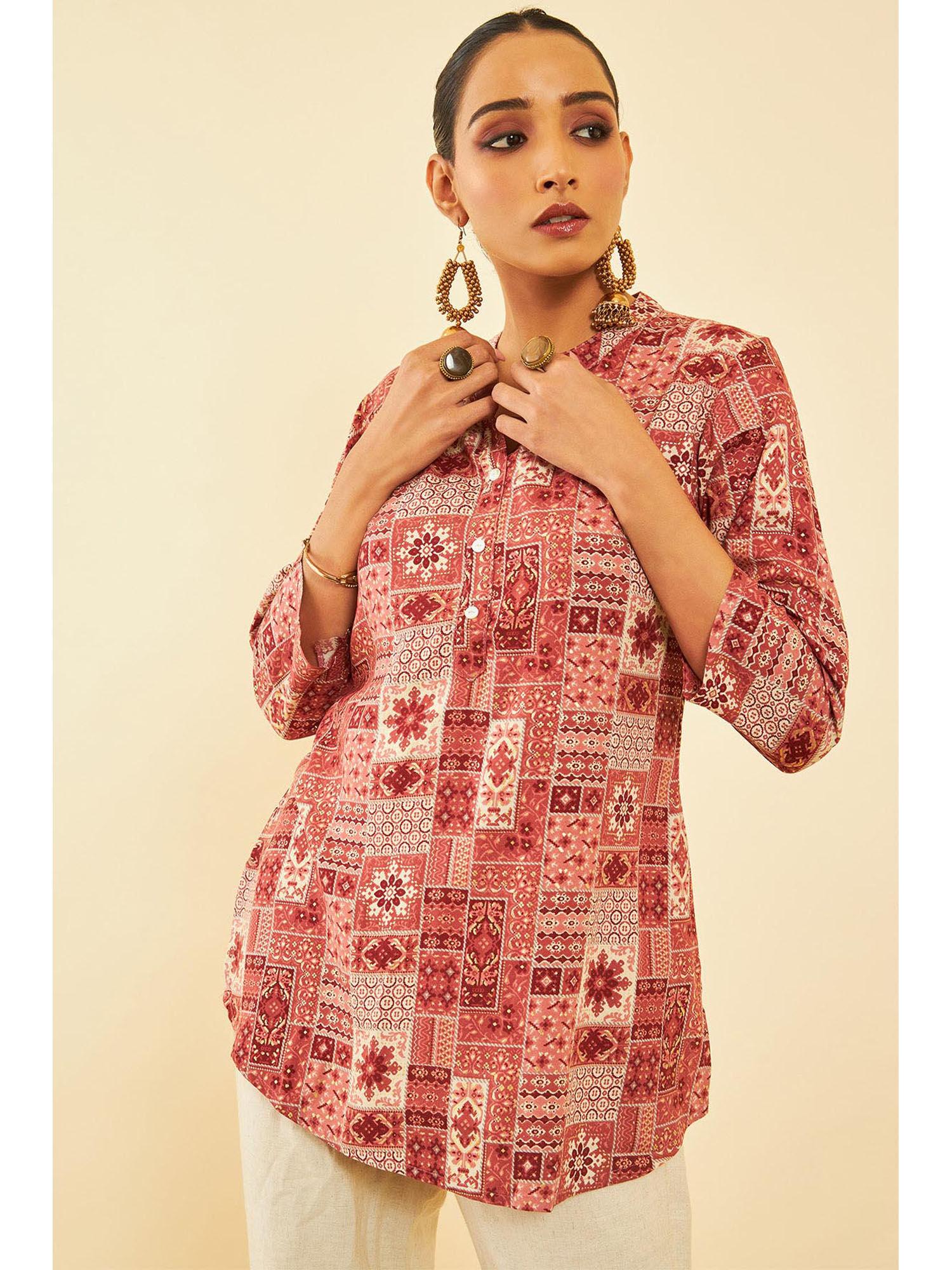 women brown rayon printed tunic