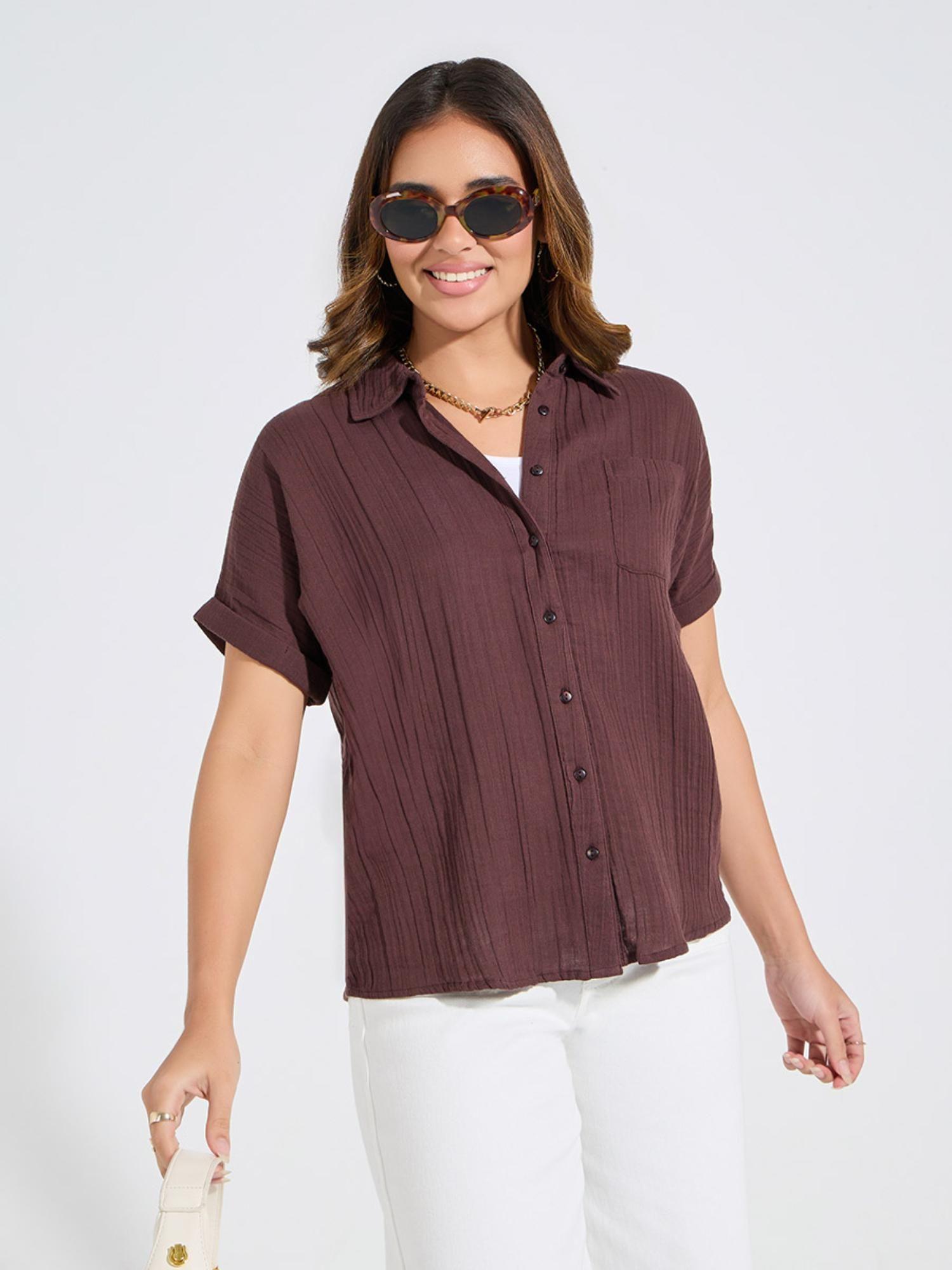 women brown regular fit roll up sleeve textured button down shirt