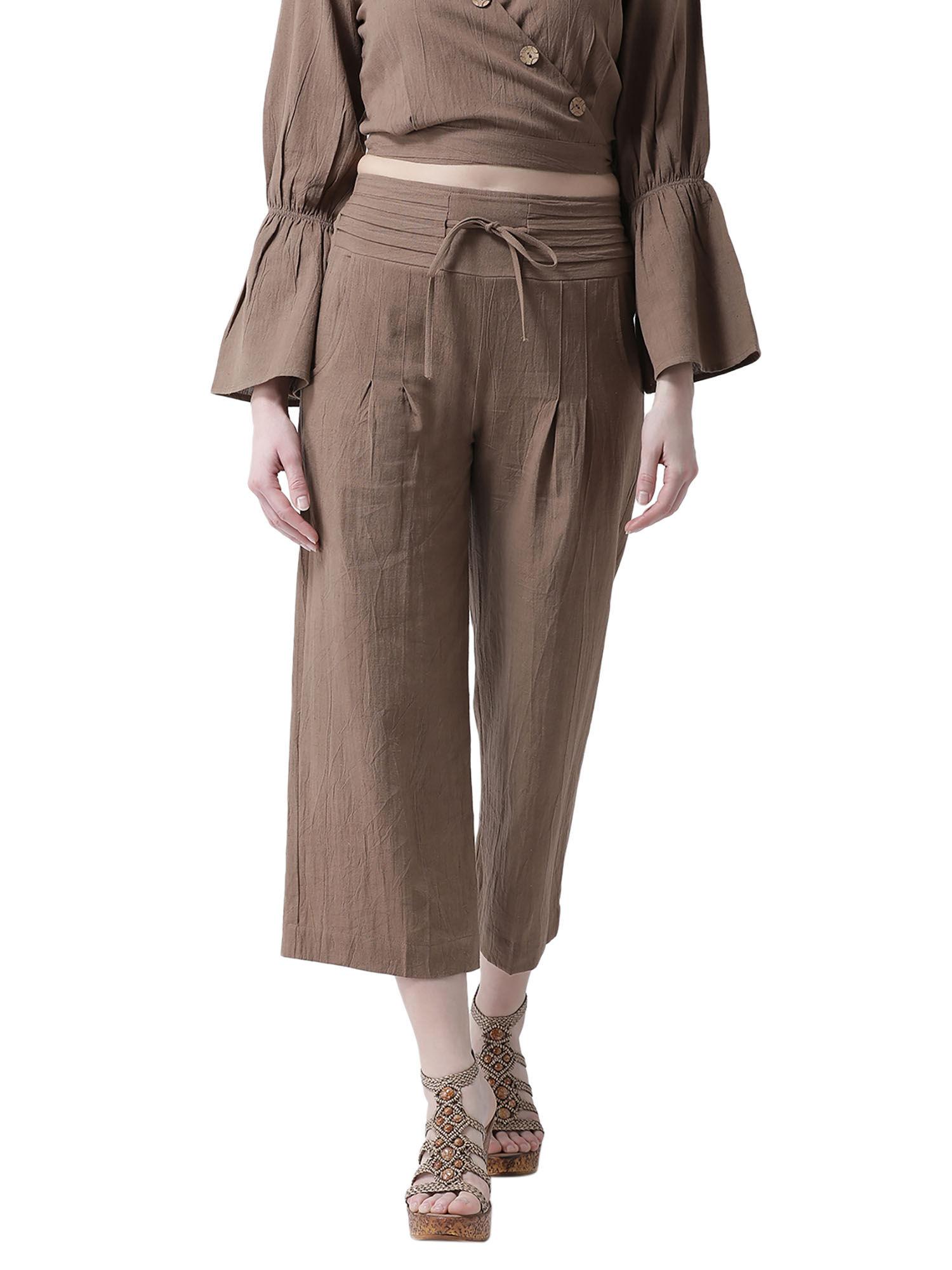 women brown regular fit solid wide high waist pant