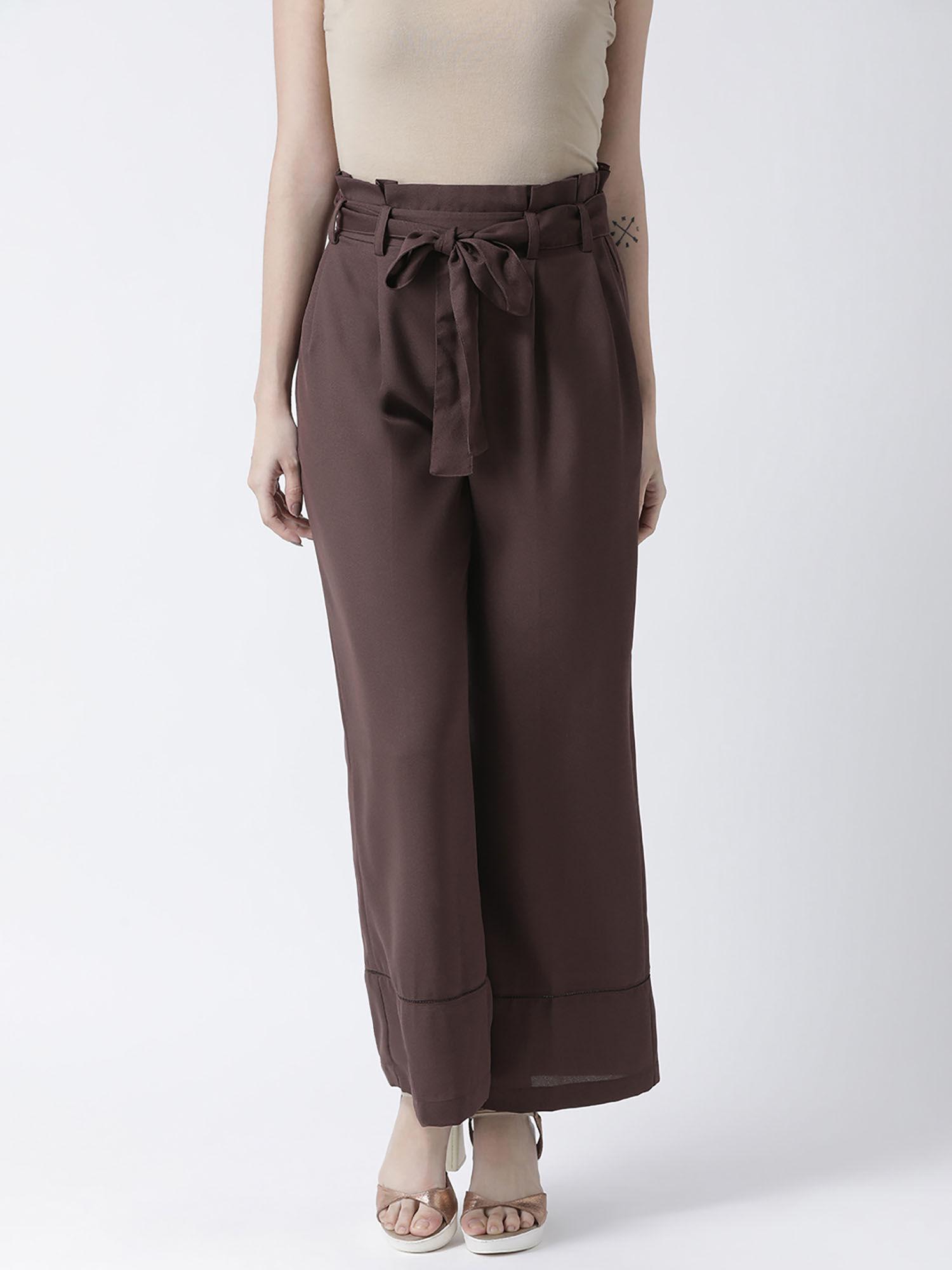 women brown regular fit solid wide mid waist pant