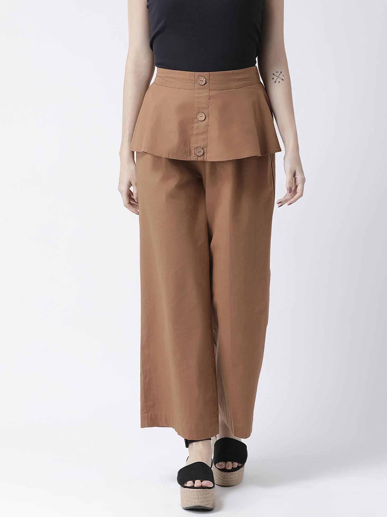 women brown regular fit solid wide mid waist pant