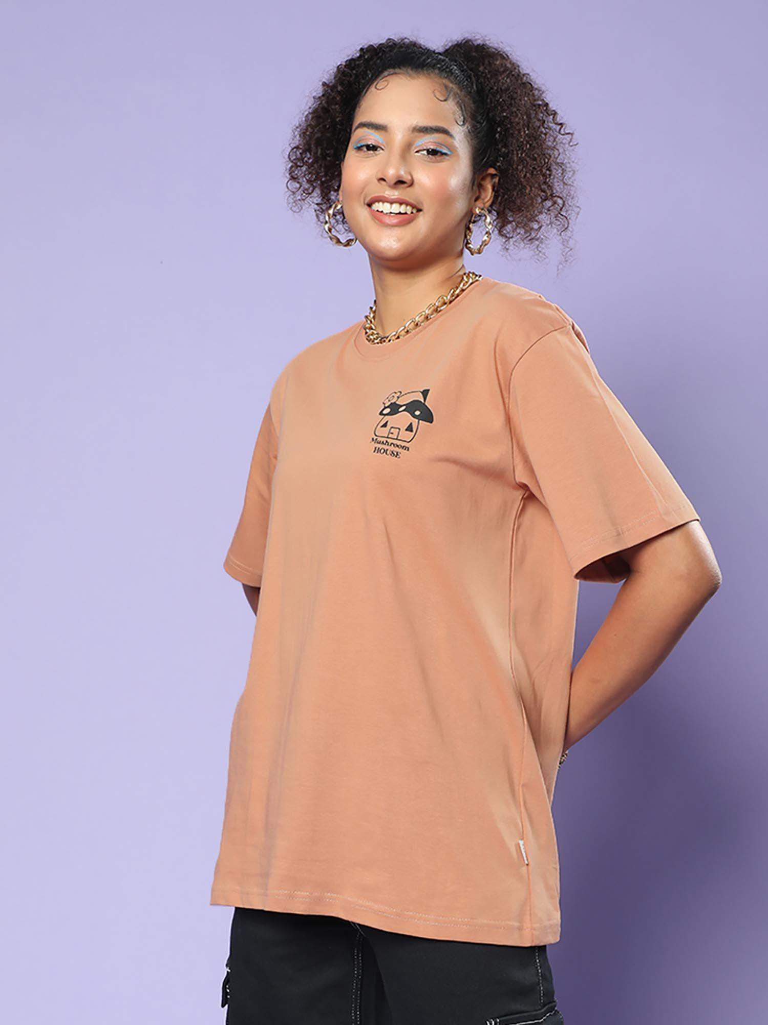 women brown round neck half sleeves oversized t-shirt