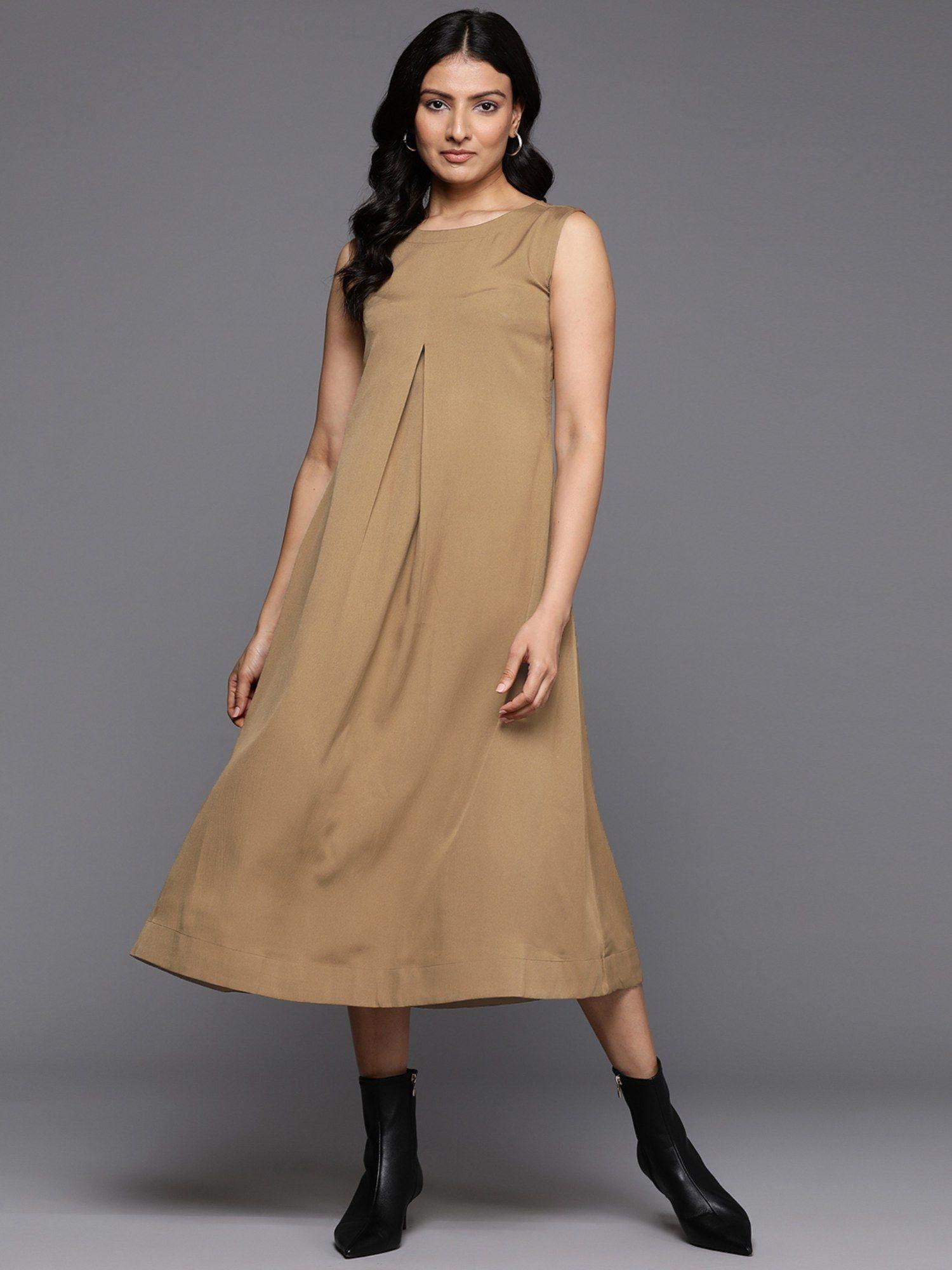 women brown round neck sleeveless a-line midi dress