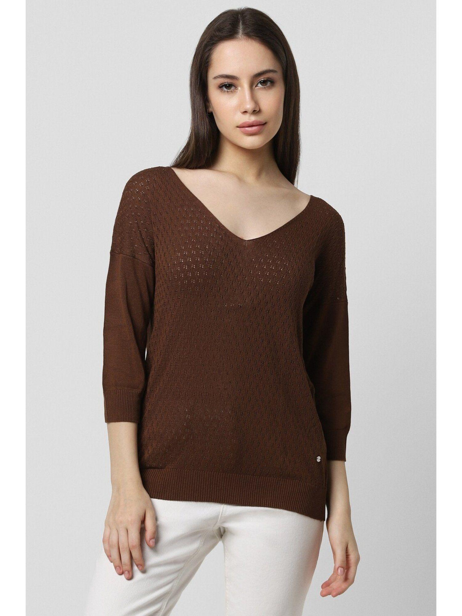 women brown self design v-neck sweater