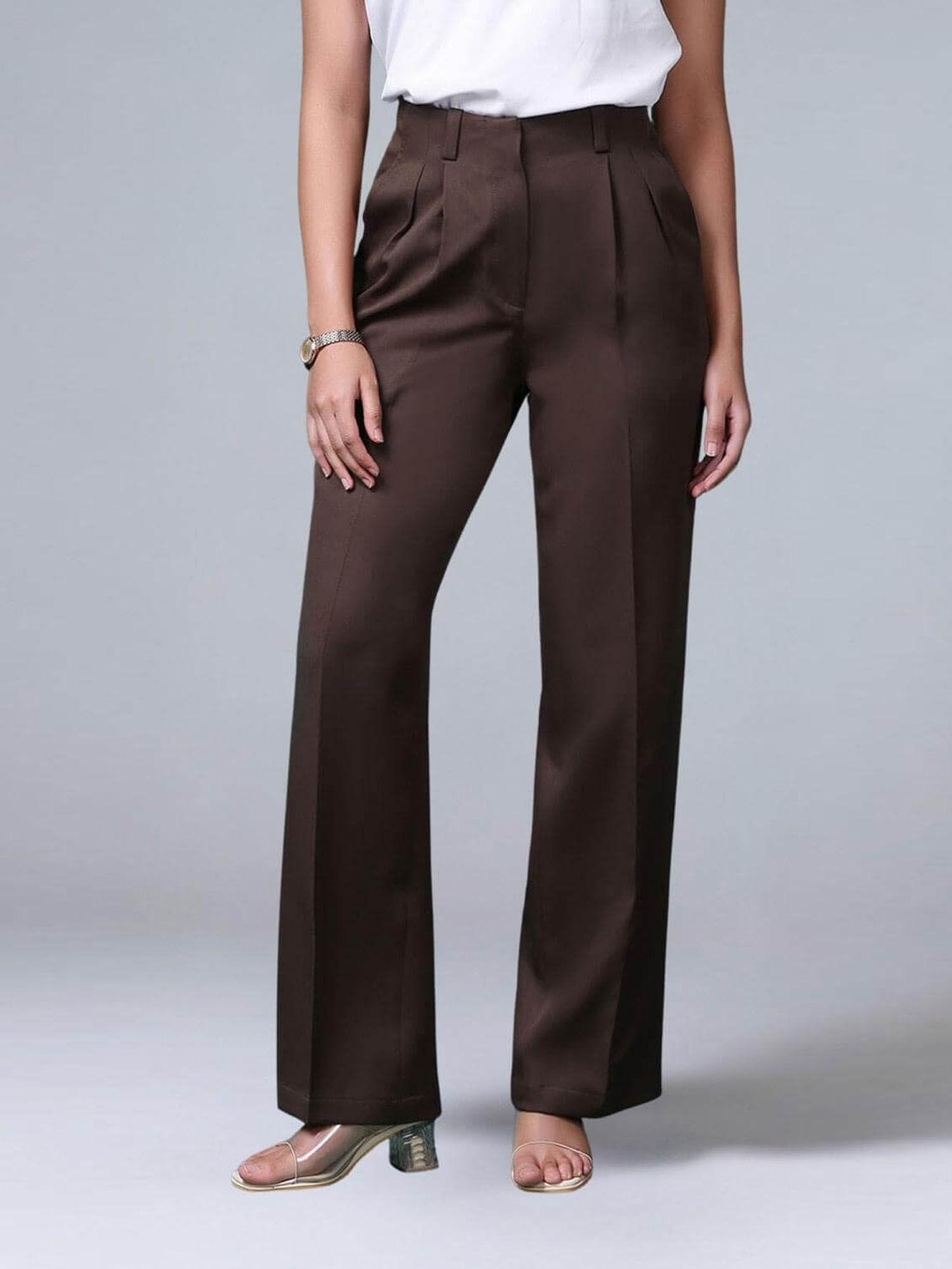 women brown sharp fold pleated trouser