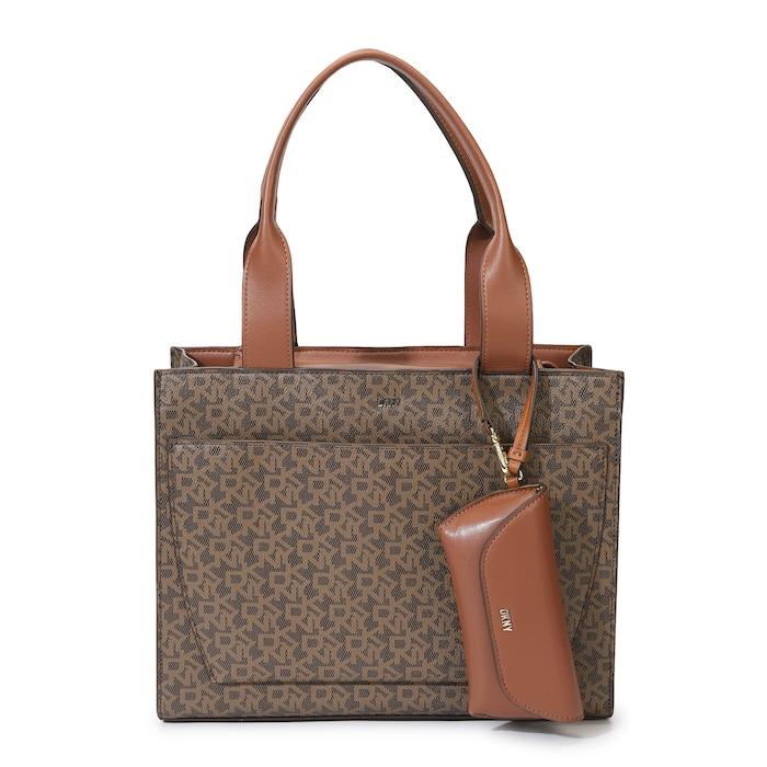 women brown signature monogram satchel bag with pouch