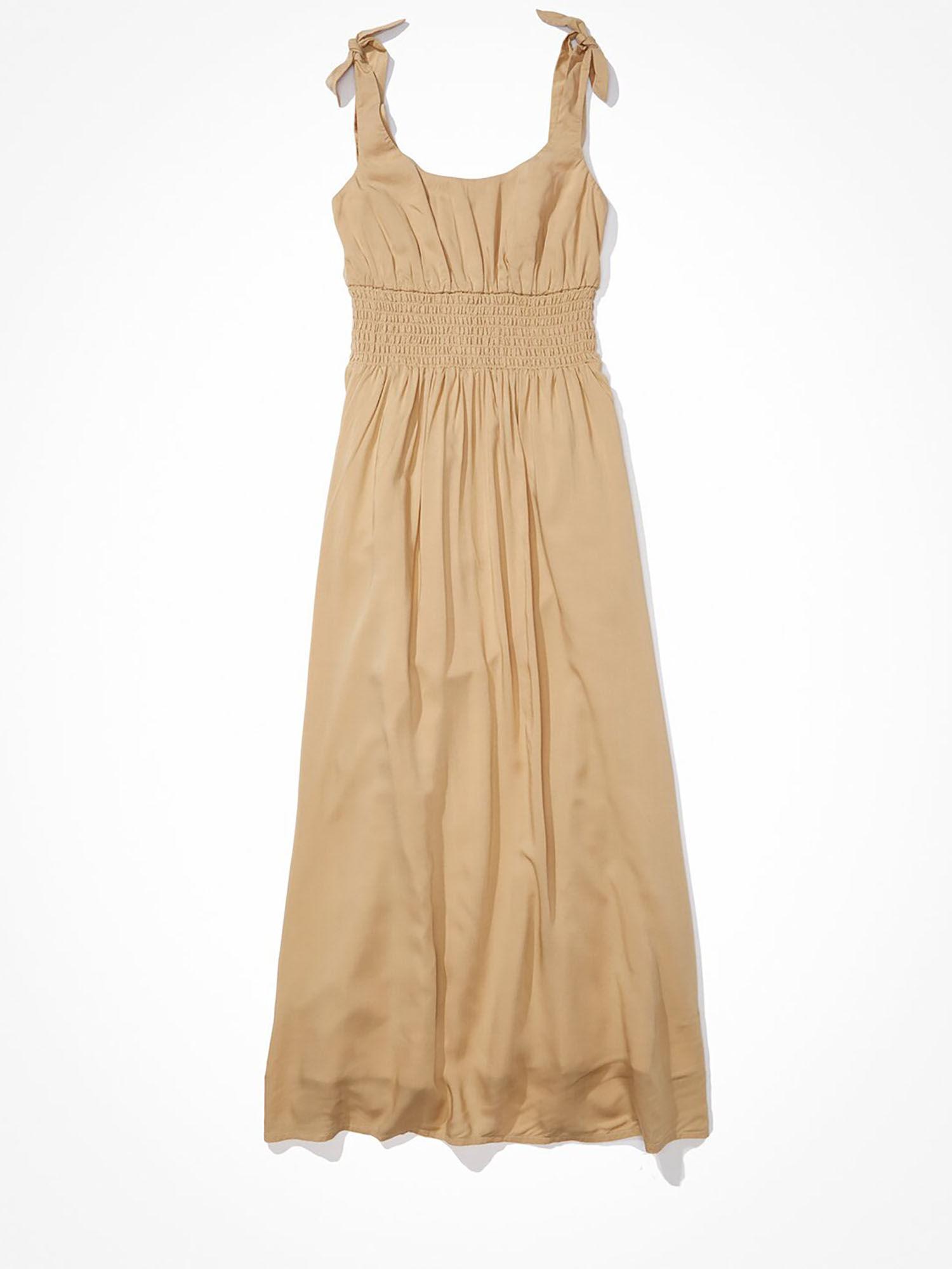 women brown smocked tie-strap midi dress