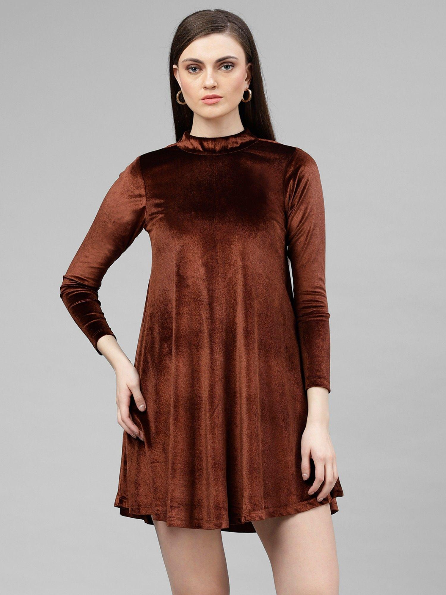 women brown solid a-line dress