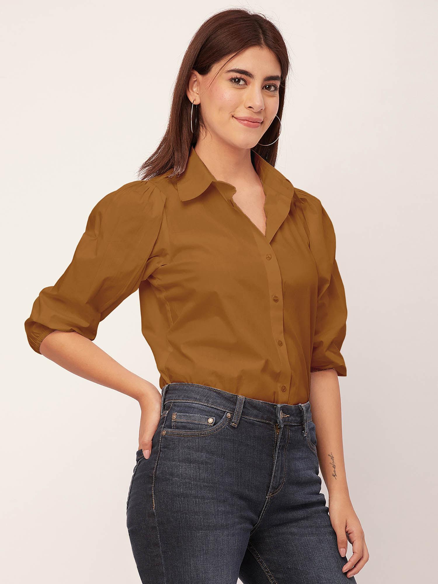 women brown solid balloon sleeves shirt