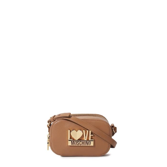 women brown solid camera crossbody bag with branding