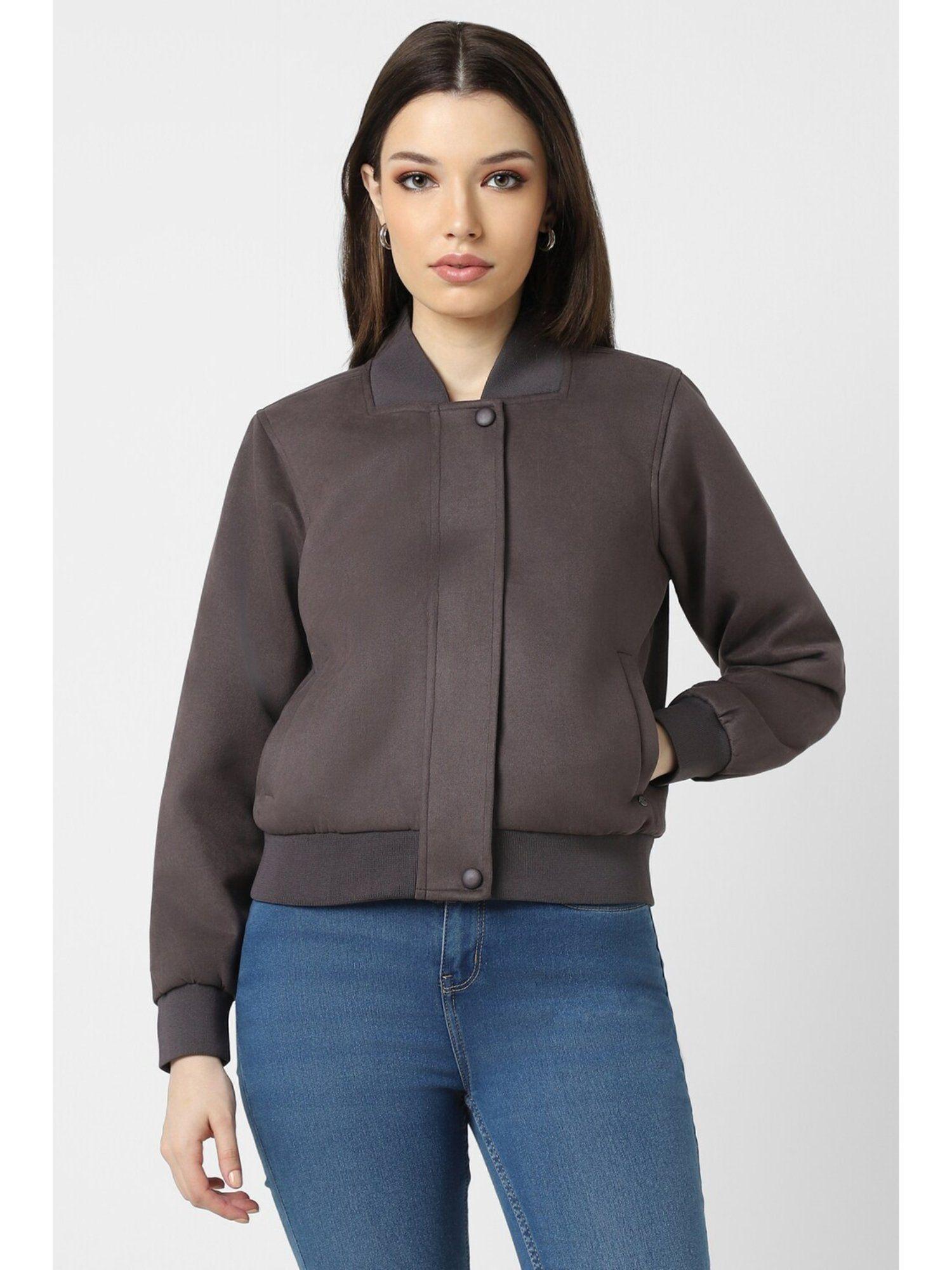 women brown solid casual jacket