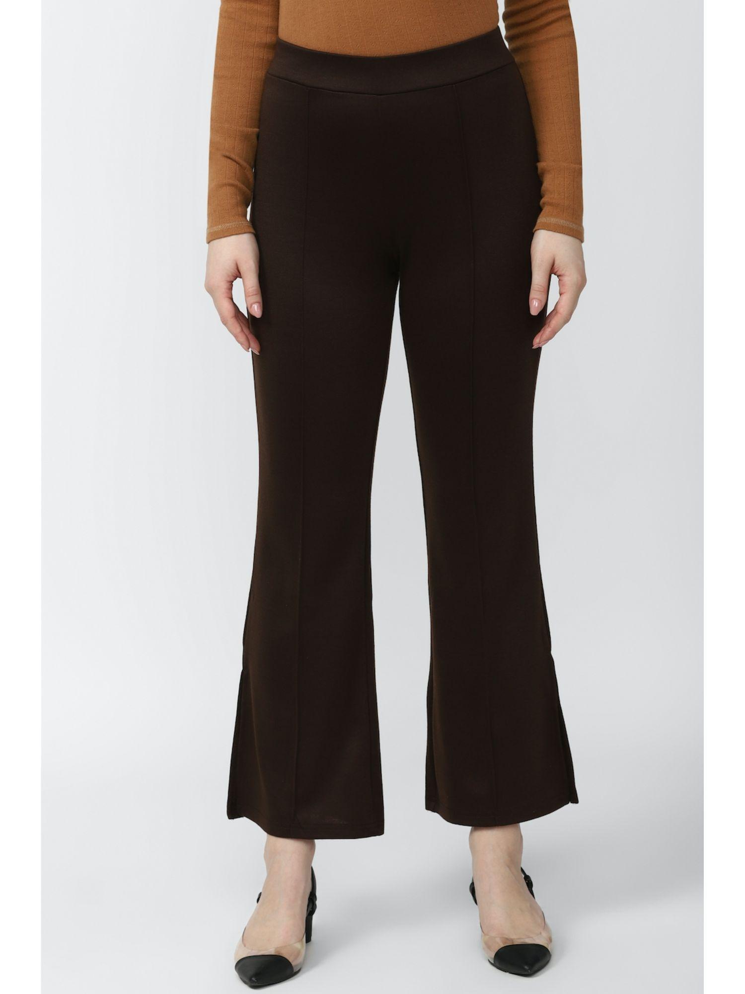 women brown solid casual regular fit trousers