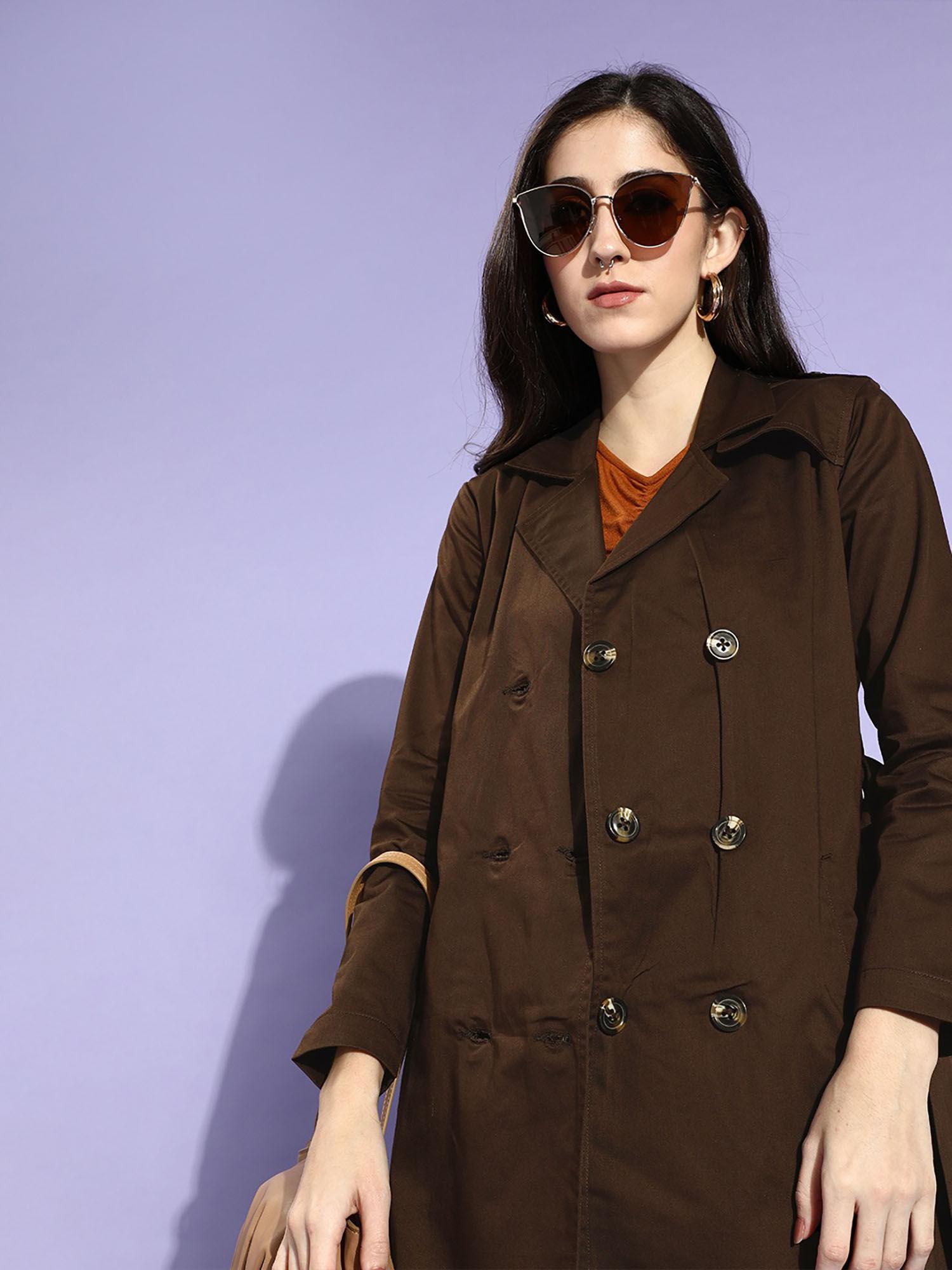 women brown solid double breasted trench coat