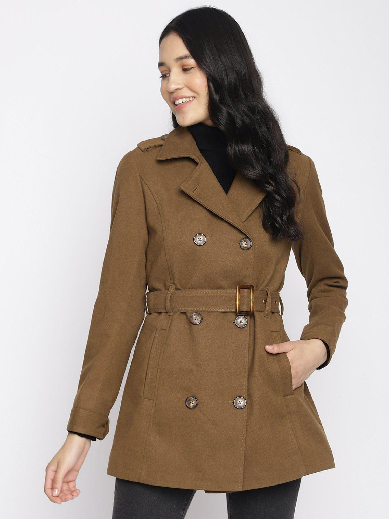 women brown solid full sleeve coat with belt (set of 2)