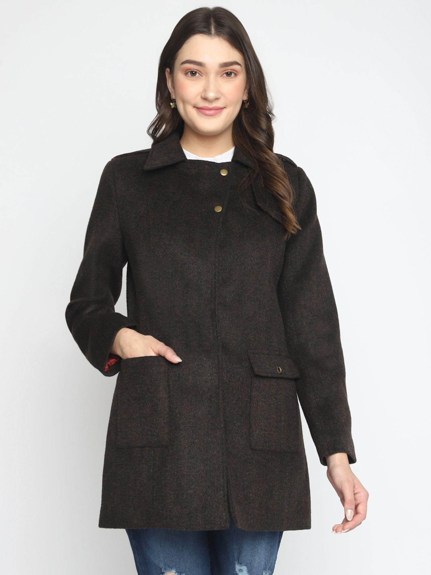 women brown solid full sleeve regular coat with pocket